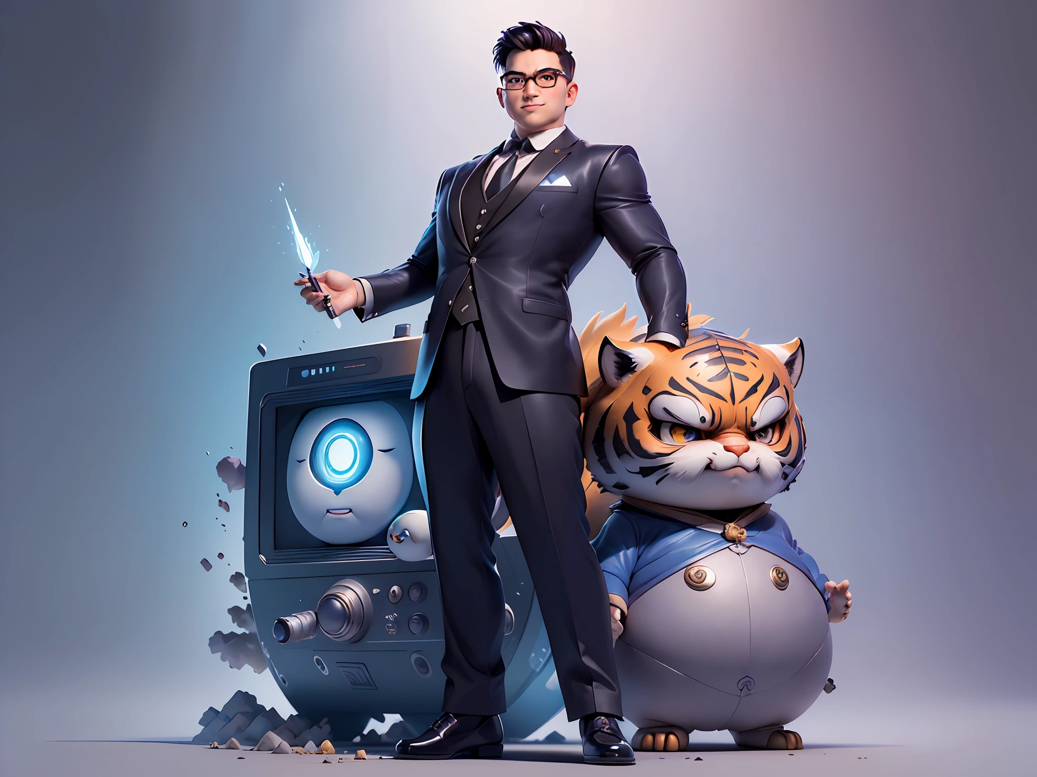 (((Masterpiece), (Excellent), (Super Meticulous), (Full Body: 1.2), Super Young Man, Oriental Face, Japanese Wind and Thunder God, Dragon, Tiger, TV Anchor, Bust Portrait Illustration, Alone, Black Formal Suit, Blue Tie, Slightly Chubby Face, Silver Glasses Face Very Clean No Beard, Black Super Short Hair, Black Eyes, Confident Smile, 3c Computer Sub-Products, iPad, iPhone, Digital Painting, 3D Character Design by Akira Toriyama and Mark Claireden and Pixar and Hayao Miyazaki, The illustration is a high-definition illustration in 4K resolution with very detailed facial features and cartoon-style visuals.