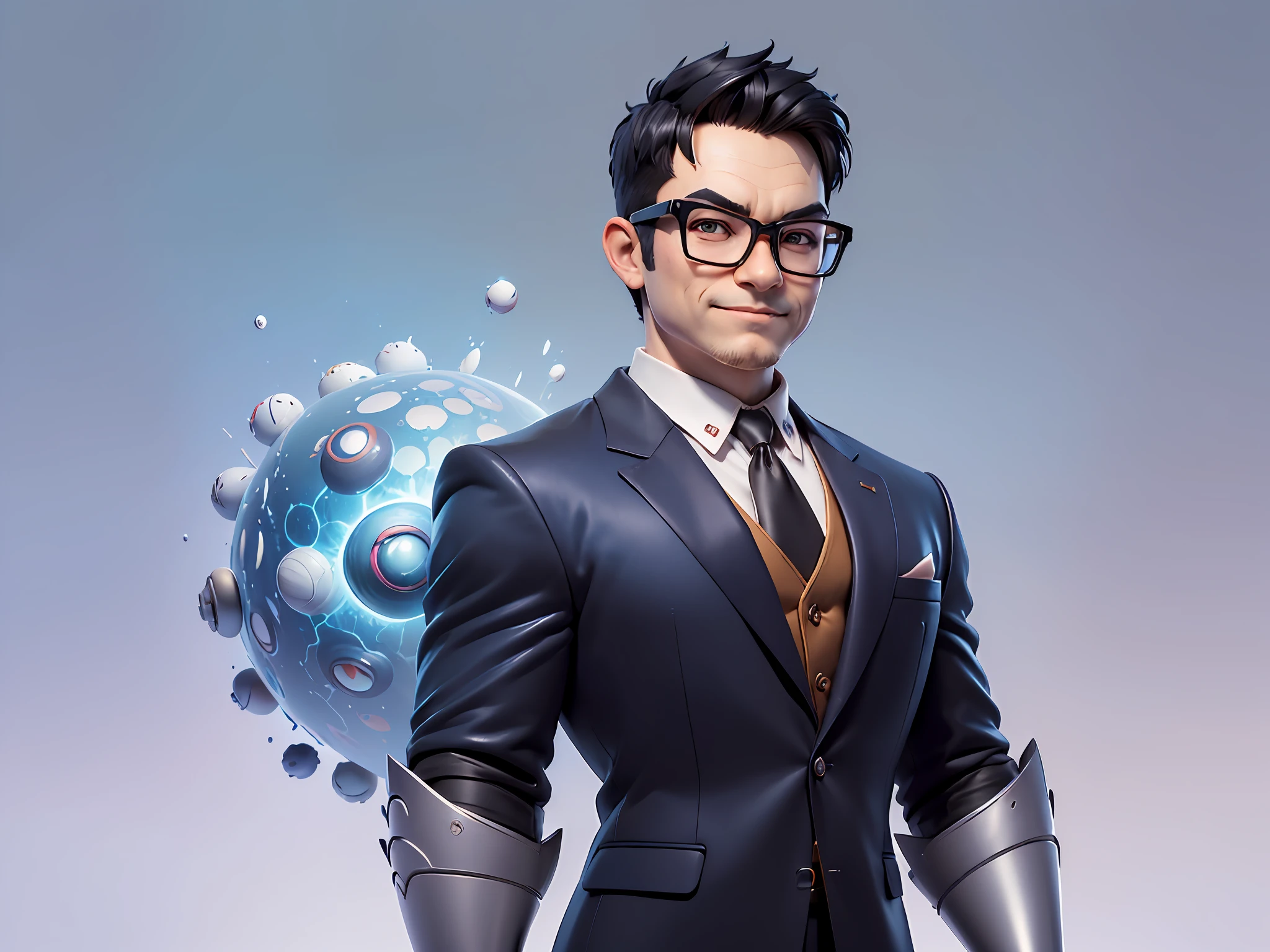 (((Masterpiece), (Excellent), (Super Meticulous), (Full Body: 1.2), Super Young Man, Oriental Face, Japanese Wind and Thunder God, Dragon, Tiger, TV Anchor, Bust Portrait Illustration, Alone, Black Formal Suit, Blue Tie, Slightly Chubby Face, Silver Glasses Face Very Clean No Beard, Black Super Short Hair, Black Eyes, Confident Smile, 3c Computer Sub-Products, iPad, iPhone, Digital Painting, 3D Character Design by Akira Toriyama and Mark Claireden and Pixar and Hayao Miyazaki, The illustration is a high-definition illustration in 4K resolution with very detailed facial features and cartoon-style visuals.