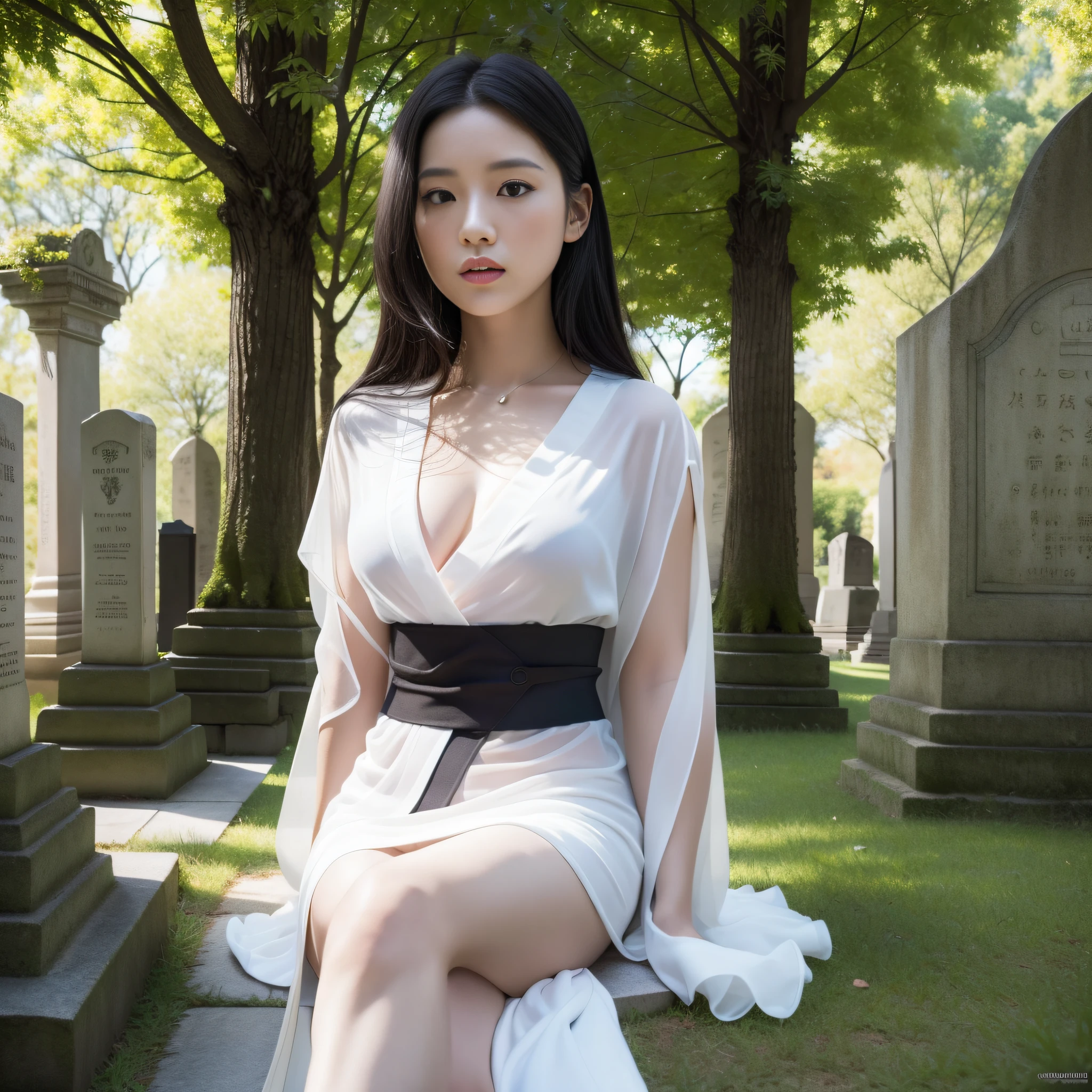 Top Quality, Masterpiece, Ultra High Resolution, (Photorealistic: 1.4), 1 Girl, (Japanese: 1.1), (20 years old: 1.5), White Kimono, (Pale Face: 1.5), Kubrick Staring, Full Body, Translucent, Tombstone, Moon, (Dark Night: 1.5), Graveyard Detailed Girl, High Resolution, One Beautiful Young Woman, (Soft Saturation: 1.3), (Fair Skin: 1.2), (Super Detail Complex Design: 1.5), (Contrast: 1.5), otherworldly shades, subjective, huge chest (highly detailed CG Unity 8k wallpaper), masterpiece, top quality, complex details, absurdity, chromatic aberration, (depth of field: 1.8), professional photography, tone mapping, highly detailed, sharp focus, complex detail, cinematic, 8K,