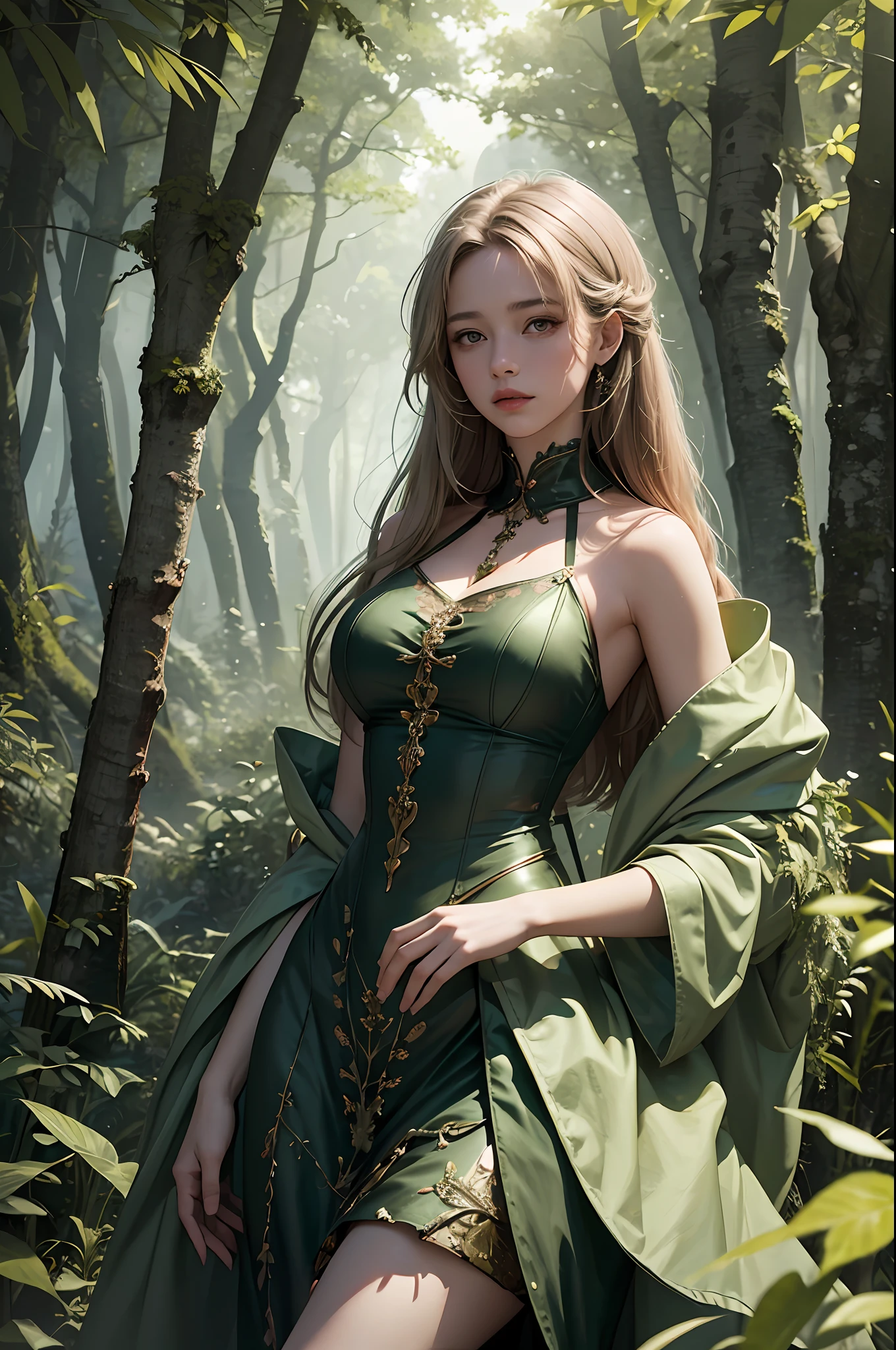 Official Art, Unity 8k Wallpaper, Super Detailed, Beautiful, Beautiful, Masterpiece, Top Quality, Too Classy, Unrivaled, Romantic, Erotic, Contemplative, Emotional Depth, Supernatural, Forest Fairy, 1 Girl, Mini dress made of leaves, Solo, Neck, Full Length