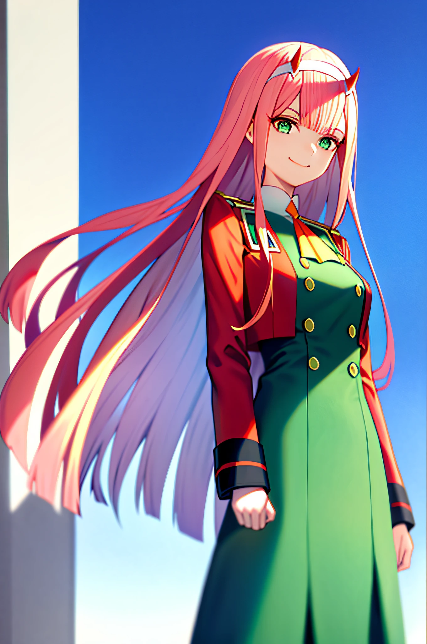 zero two \(darling in the franxx\), darling in the franxx, 1girl, ascot, bangs, blue background, green eyes, hairband, horns, long hair, long sleeves, looking at viewer, red jacket, closed jacket, military uniform, oni horns, orange ascot, pink hair, red horns, simple background, smile, solo, standing, uniform, white hairband, ((masterpiece)),