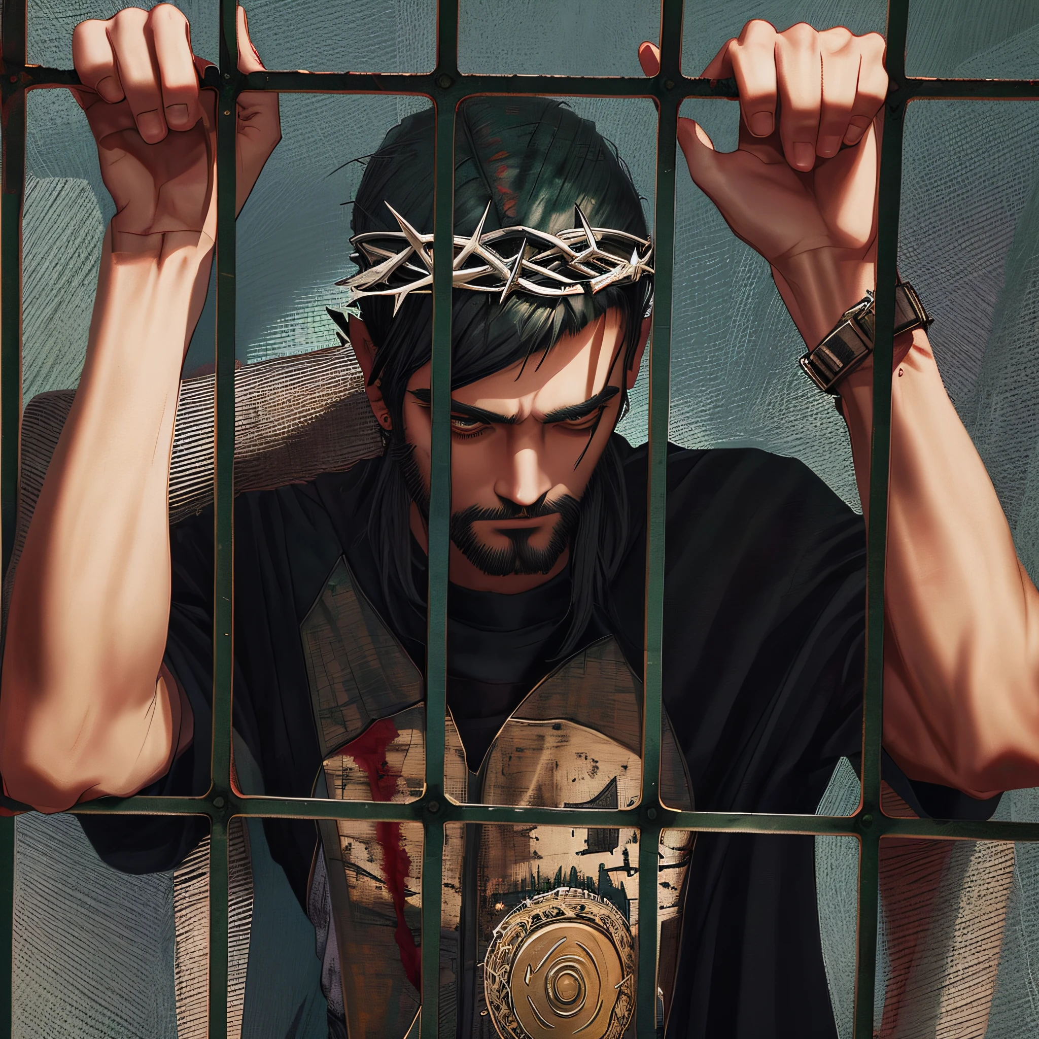 Jesus Christ, demonic, bleeding, man with crown of thorns piercing his head