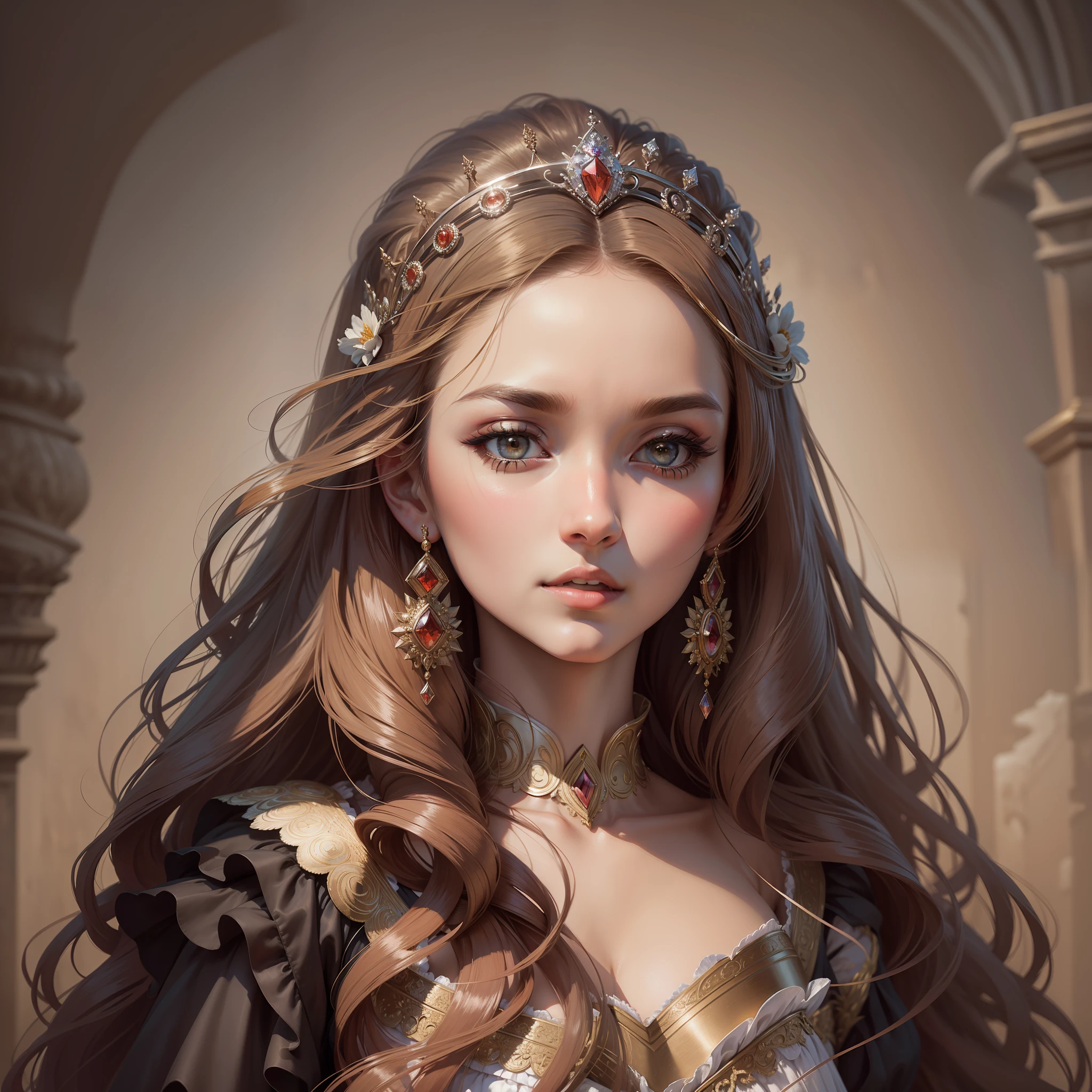 "((masterpieces)), high quality, woman with European features, wearing elegant clothes, a beautiful tiara of flowers with scattered contours and intricate details, dynamic angle with 35mm lens, transform the scene into a magical and charming scene with a touch of romanticism." --auto --s2