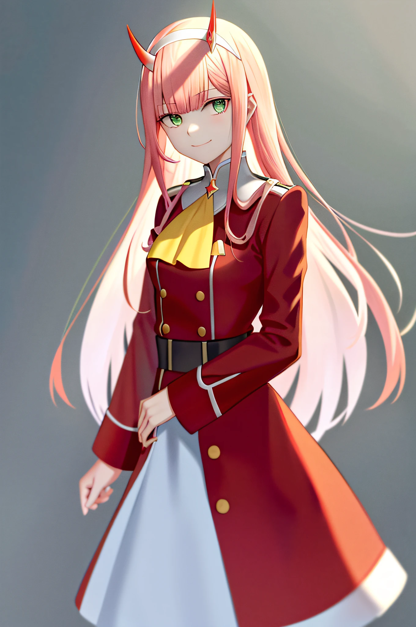 zero two \(darling in the franxx\), darling in the franxx, 1girl, ascot, bangs, blue background, green eyes, hairband, horns, long hair, long sleeves, looking at viewer, red jacket, closed jacket, military uniform, oni horns, orange ascot, pink hair, red horns, simple background, smile, solo, standing, uniform, white hairband, ((masterpiece)),