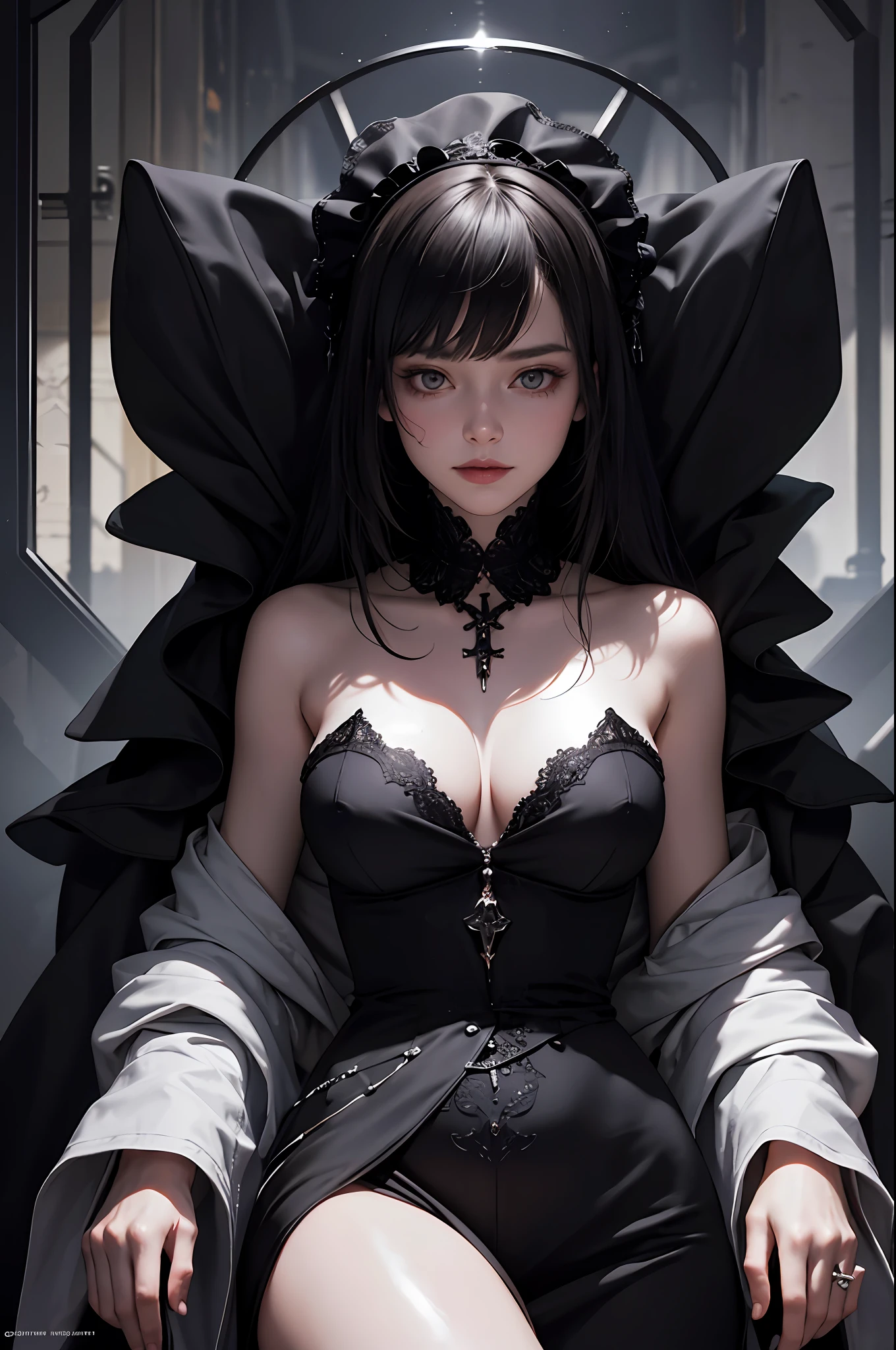 Official Art, Unity 8k Wallpaper, Super Detailed, Beautiful, Beautiful, Masterpiece, Top Quality, Too Classy, Unrivaled, Darkness, Madness, Satanism, Atmosphere, Mystery, Romanticism, Erotic, Spooky, Literature, Art, Fashion, Cyberpunk, Victorian, Decoration, Complexity, Race, Contemplation, Emotional Depth, Supernatural, 1 Girl, Smile, Solo, Neck, Full Body Composition