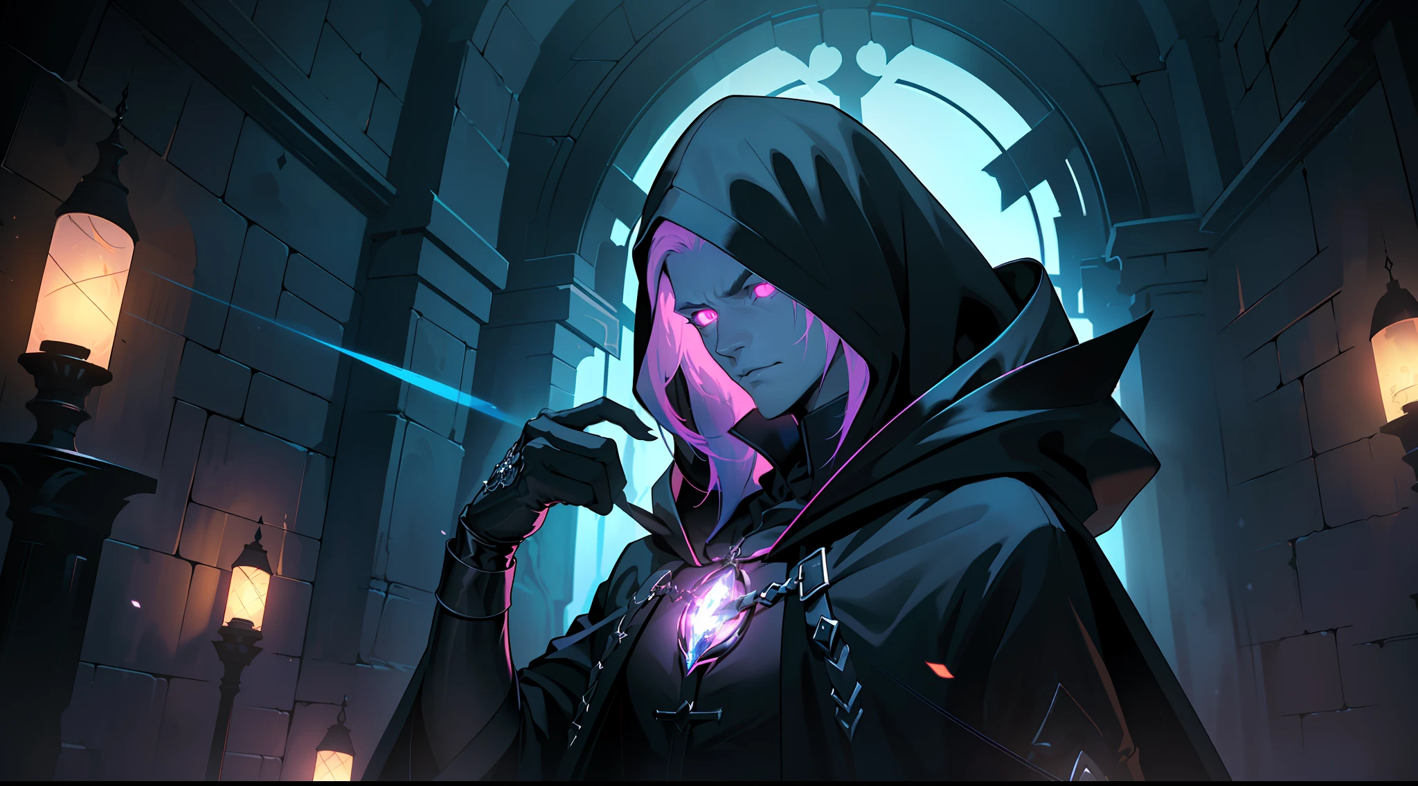 (Ultra detailed), (masterpiece), (best quality), (very detailed CG unit 8k wallpaper), a shadowy necromancer in his lair with a hood, (male), morbid appearance, black cloak, (((visible magical aura)), (((upper body))), dim light around the head, soft light, concept art, dimly lit, forbidden magic accessories, cinematic, highly detailed, stylized wallpaper