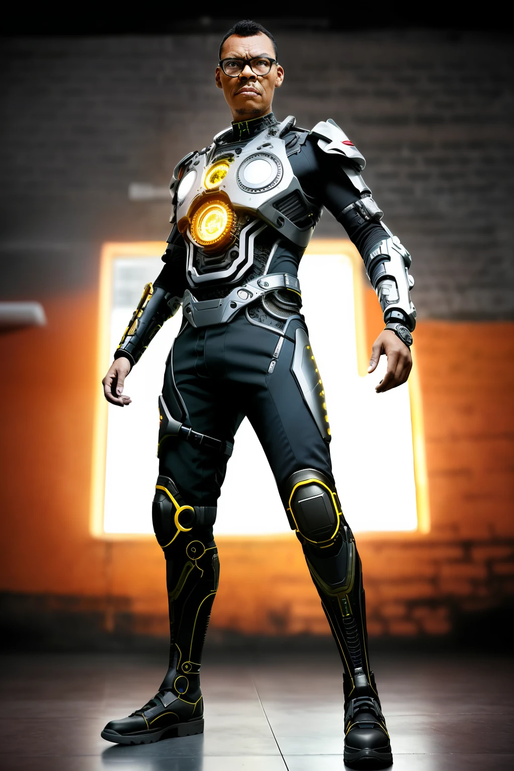 guttonerdvision5, full-body cyborg| Full Body Portrait| detailed face| symmetrical| steampunk| cyberpunk| cyborg | intricate detailed| scalar| hyperrealistic| cinematographic lighting| digital art| concept art| Style MDJRNY-V4