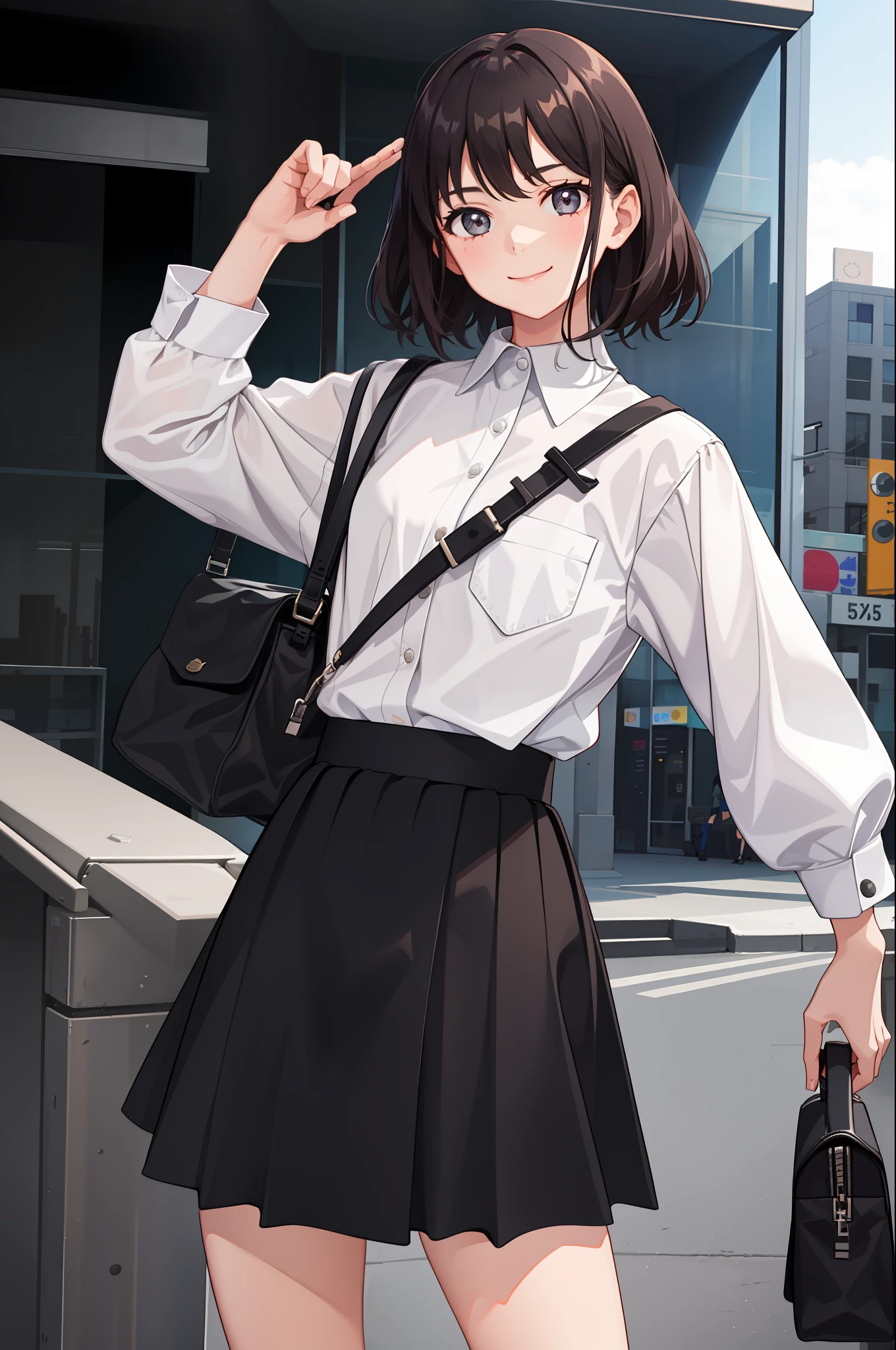 1 girl, smile, shirt, skirt, (small) chiralism,