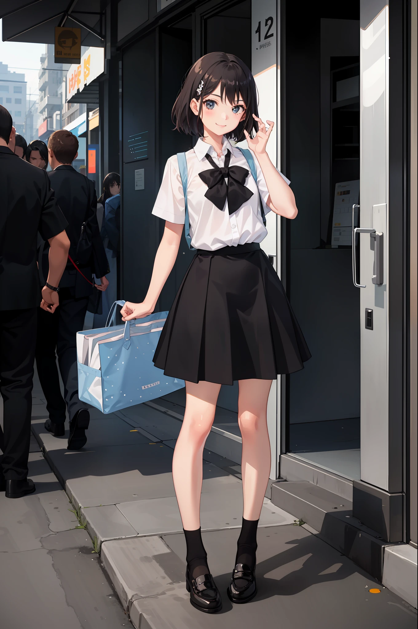1 girl, smile, shirt, skirt, (small) chiralism,