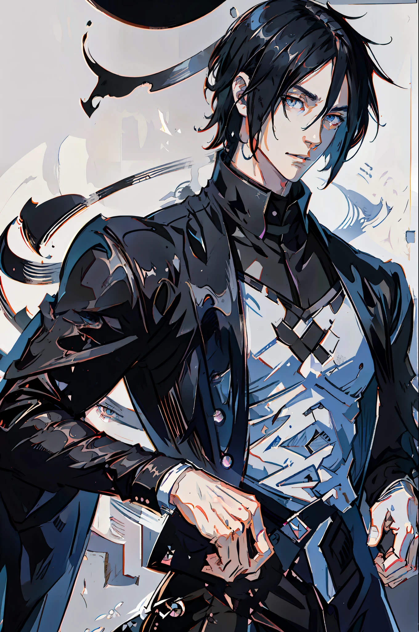 masterpiece, best quality, 1 man, adult, handsome, tall and muscular boy, broad shoulders, finely detailed eyes and detailed face, short black hair, sasuke, onyx colored eyes, aristocrat, white background, shadow effect, throne,(anime), sasuke uchiha,fantasy, 18th-century European aristocratic style, noble