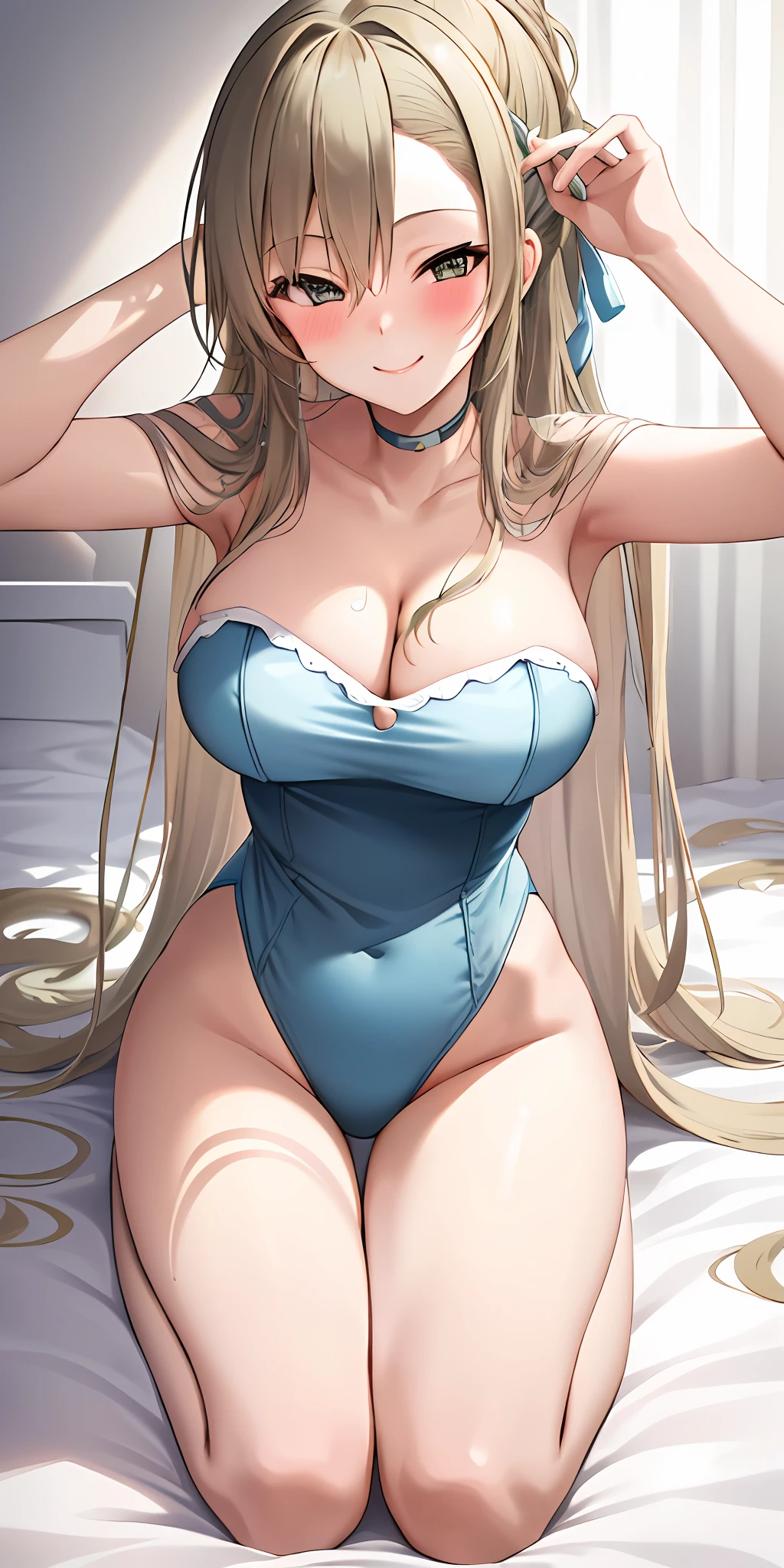 1girl, solo, asuna, long hair, large breasts, cleavage, bunnysuit, thighs, smiling, kneeling on bed, (blushing:1.3), (from above view), pov
