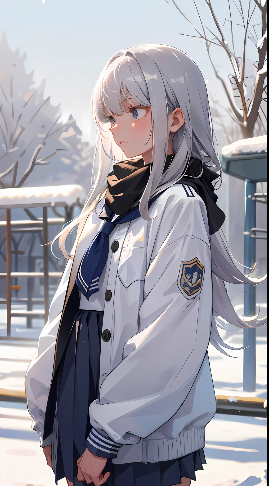 20-year-old girl, long silver hair, white school uniform, expression wet eyes, winter, white school uniform, standing on the edge of the school playground, upper body shows that several people in the distance of the school playground have snowball fights