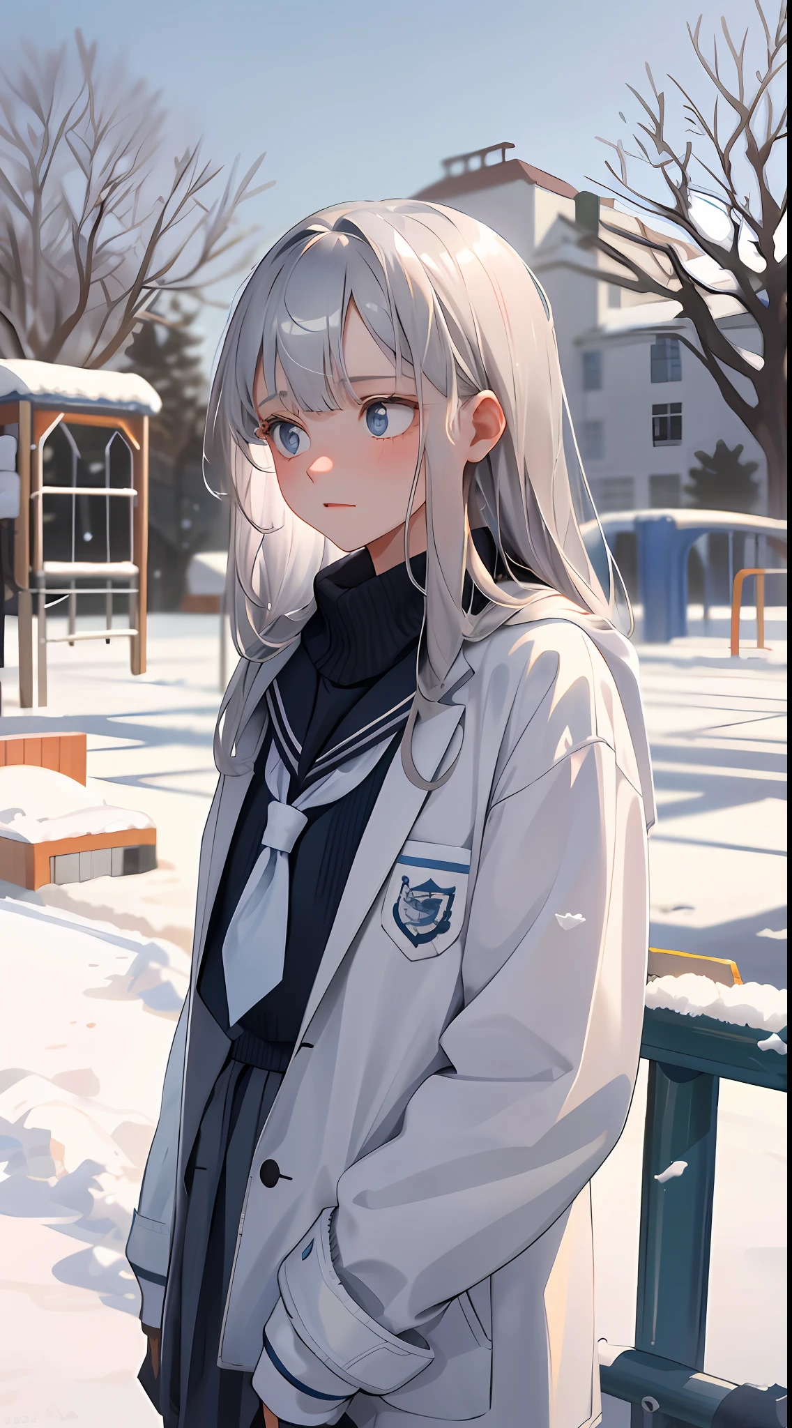 20-year-old girl, long silver hair, white school uniform, expression wet eyes, winter, white school uniform, standing on the edge of the school playground, upper body shows that several people in the distance of the school playground have snowball fights