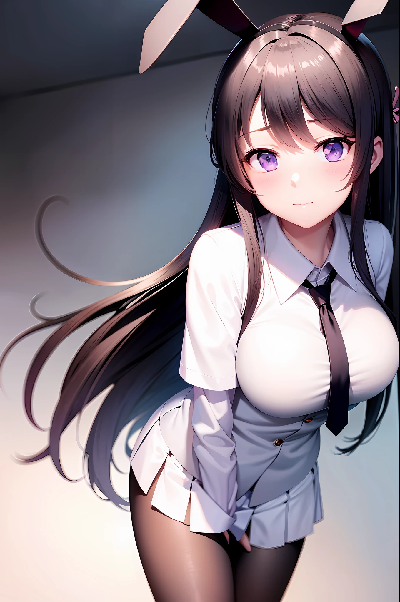 School uniform, white shirt, pantyhose, pleated skirt, tie, rabbit ears, mayijan, lean forward, behind arm, faint smile, mid_breats, best quality
