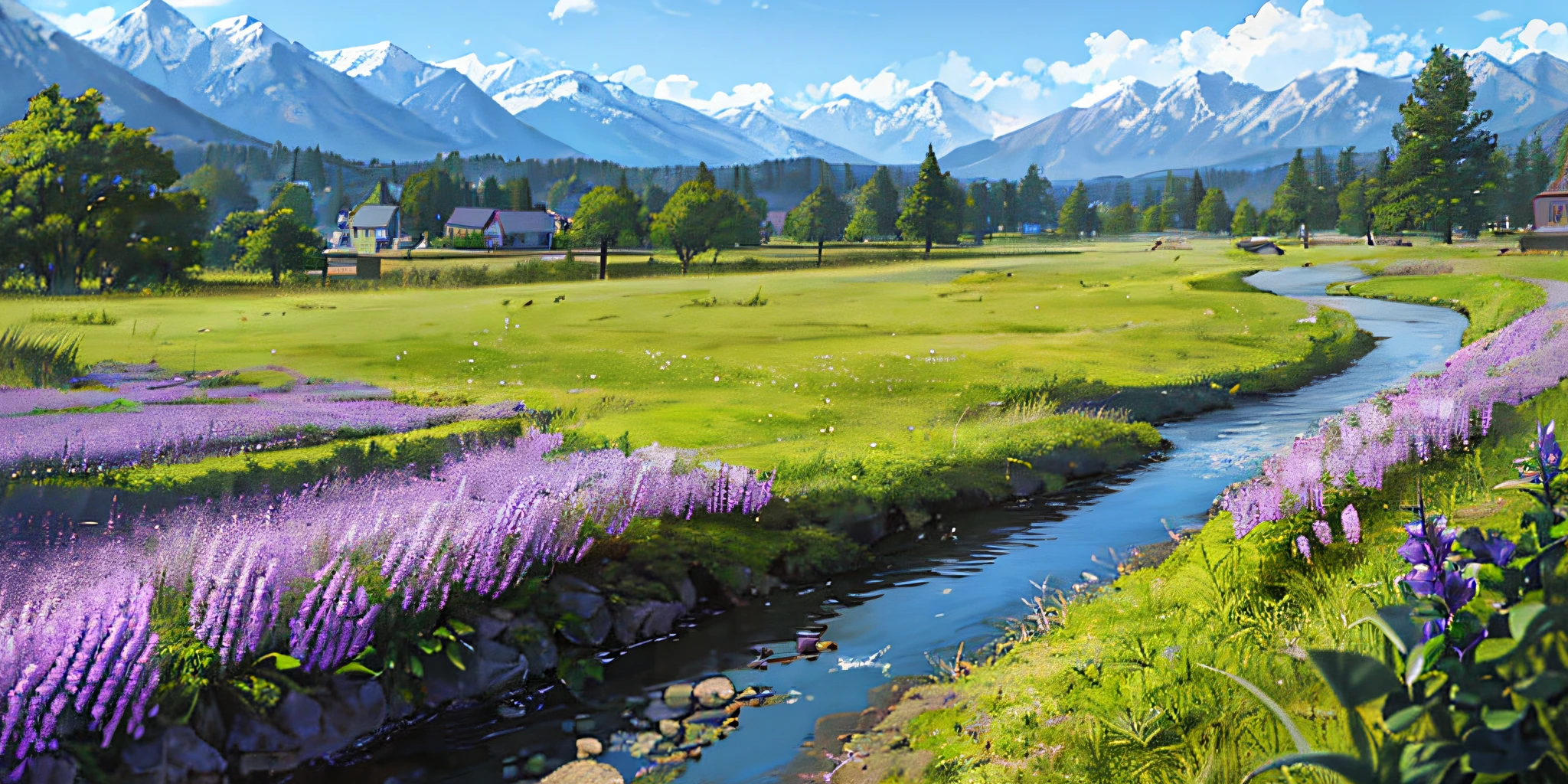 (Masterpiece, Best Quality) computer wallpaper, mountain view, high detail, 4K, daytime, green valley, spring, blue sky, architecture, bush, city, cloud, cloudy sky, daytime, field, flower, flower field, forest, grass, mountain, horizon, landscape, mountain, mountainous_horizon, nature, no_humans, ocean, outdoor, path, river, road, landscape, sky, afternoon, tree, water, wisteria, purple flower, oriental landscape, snowy mountains, heavy clouds, There is the Tyndall effect