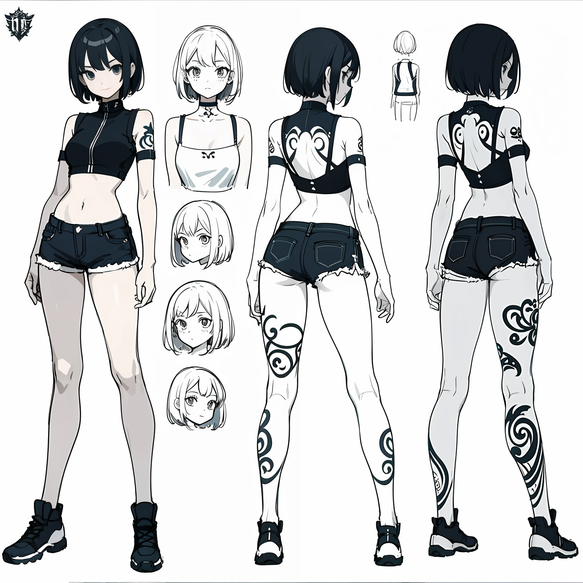 (masterpiece, best quality) detailed, girl, drawing reference, reference, lineart, sketch, Crop tops and short shorts, hips, short hair, leg tattoo (character design sheet, same character, front, side, back)