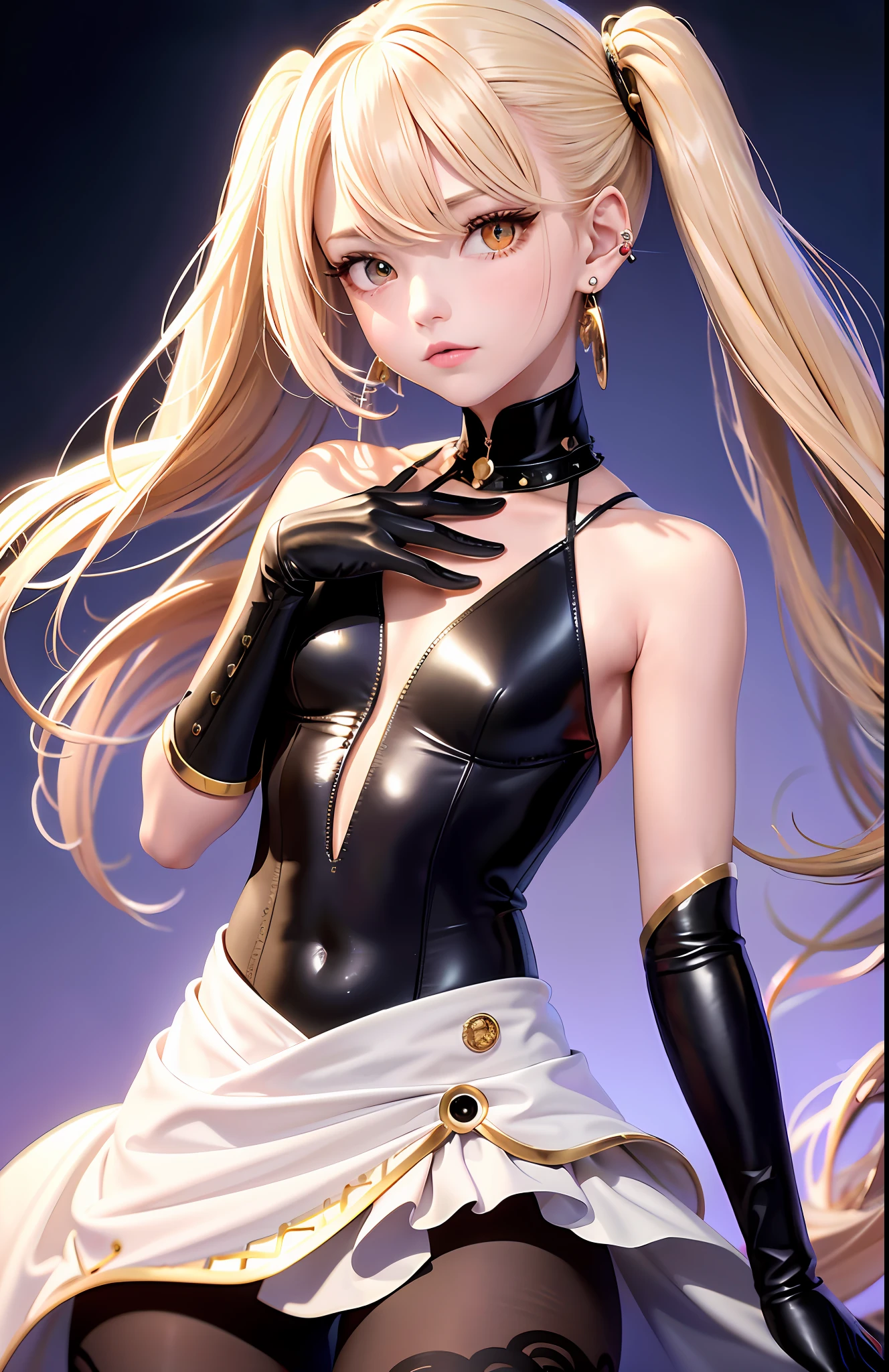 Best, Masterpiece, High Resolution, Best Quality, Ultra HD, Super Detail, Award-Limited, 16k, Solo, (Upper Body), Anatomically Correct, Beautiful Maiden, Cute Face, Highlights, Gradient Beige Hair, Hair Strands, ((Heterochromia)), Long Eyelashes, Hanging Eye Corners, Fair Skin, (Small), (Slim Body), (Faller_Made_costume), Stud Earrings, (Neck Rings), Very, Very Short Gloves
