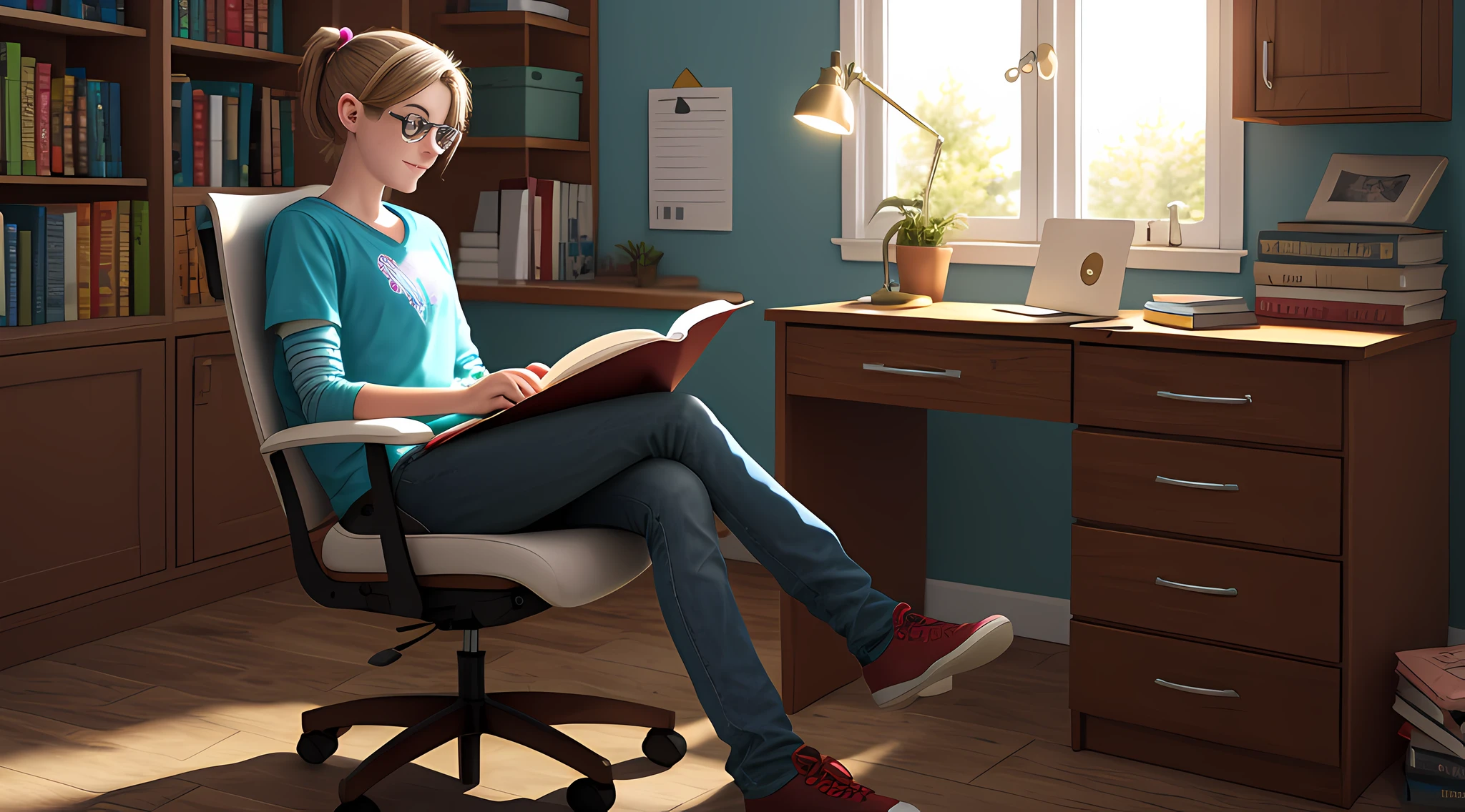 Create a teenage female character in a chair studying happily