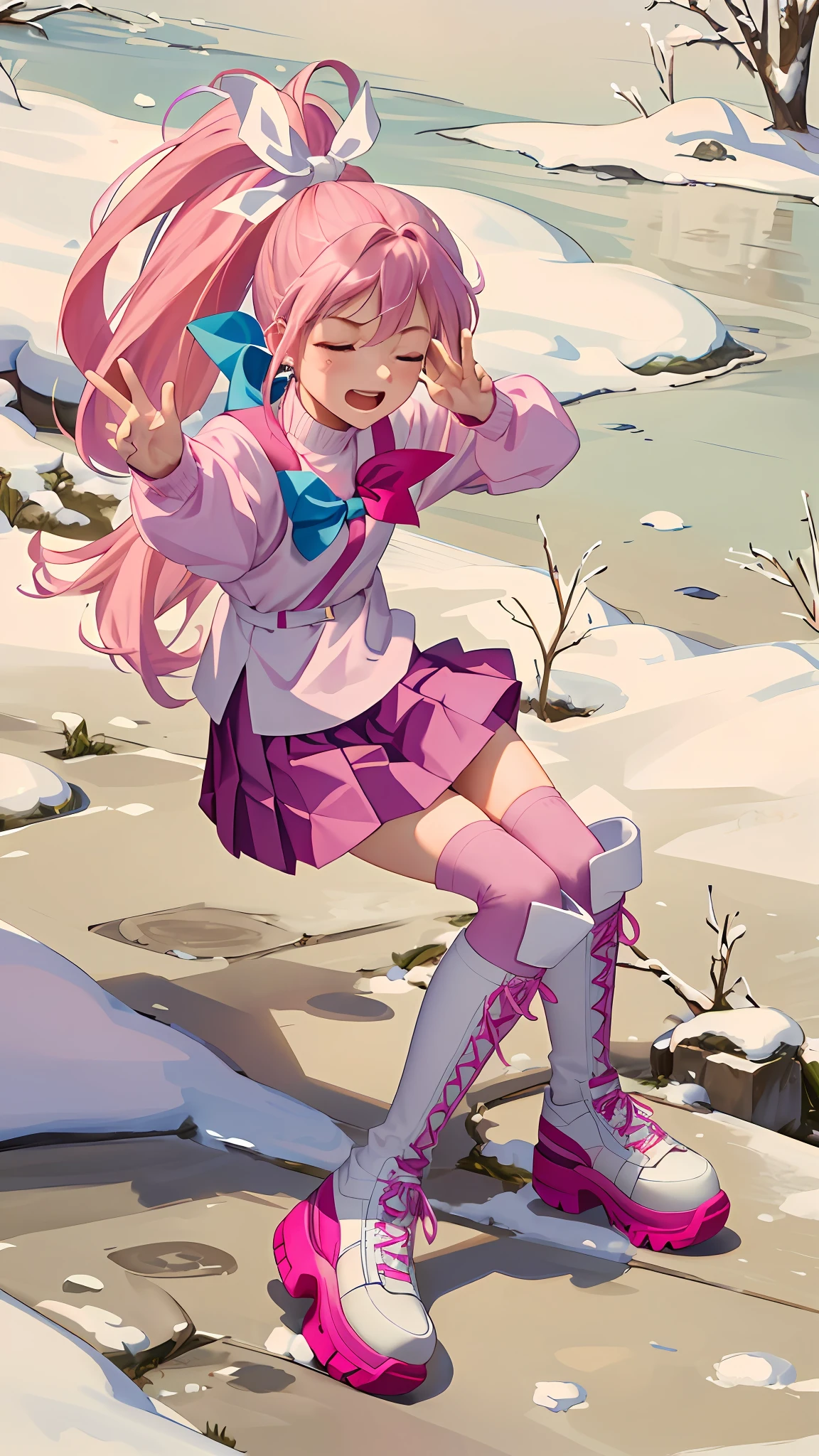 (Masterpiece: 1.5), (Best quality: 1.5), 8k,1 girl, eyes closed, mouth open, screaming, pink hair, single ponytail, white top, pink pleated skirt, pink over-the-knee socks, white boots, (snow: 1.5)