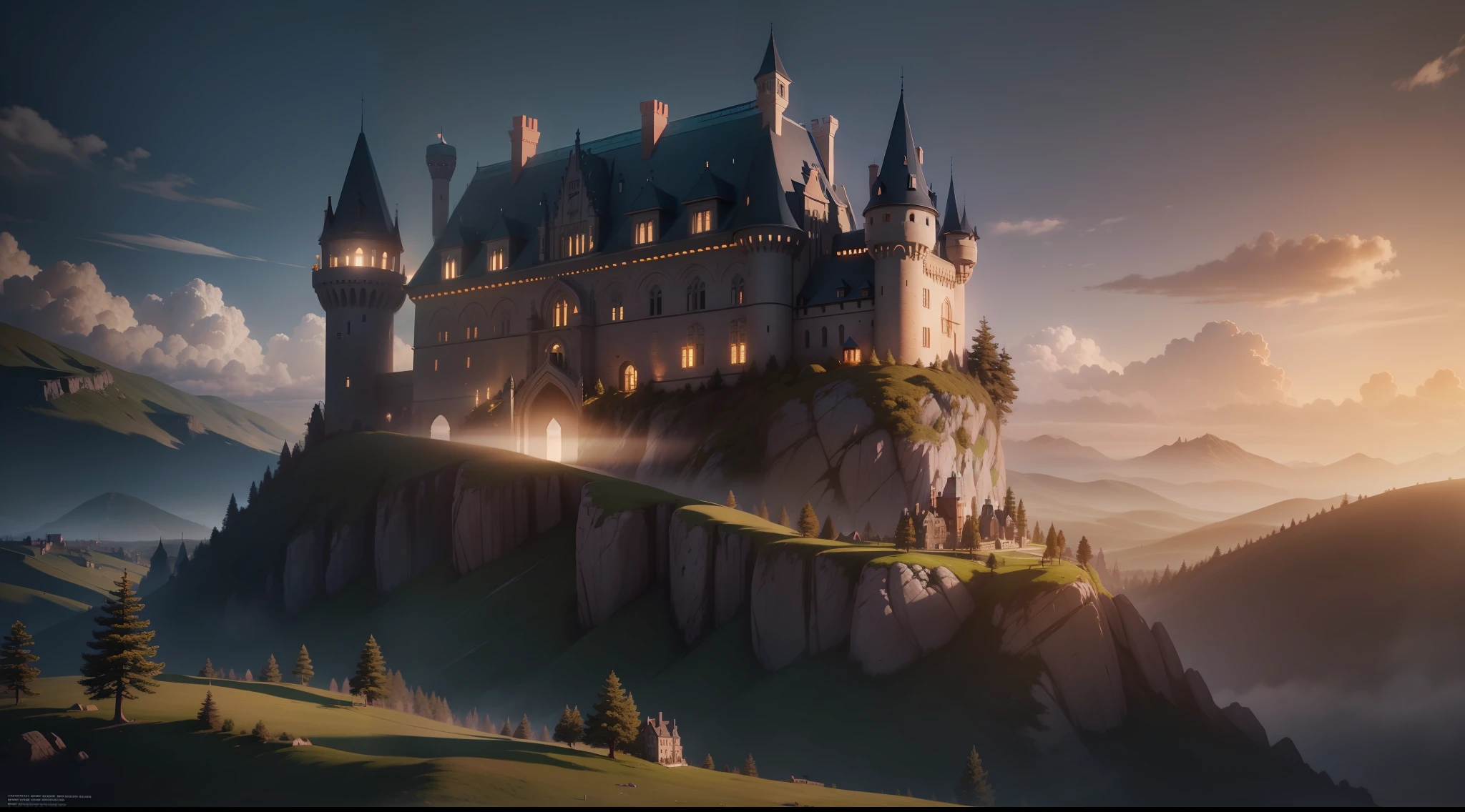 Castle on the hill, best quality, 500px, cgsociety, 8k, raw photo of (beautiful: 1.2), ambient light, backlight, volumetric lighting, realistic, realistic lighting, lighting