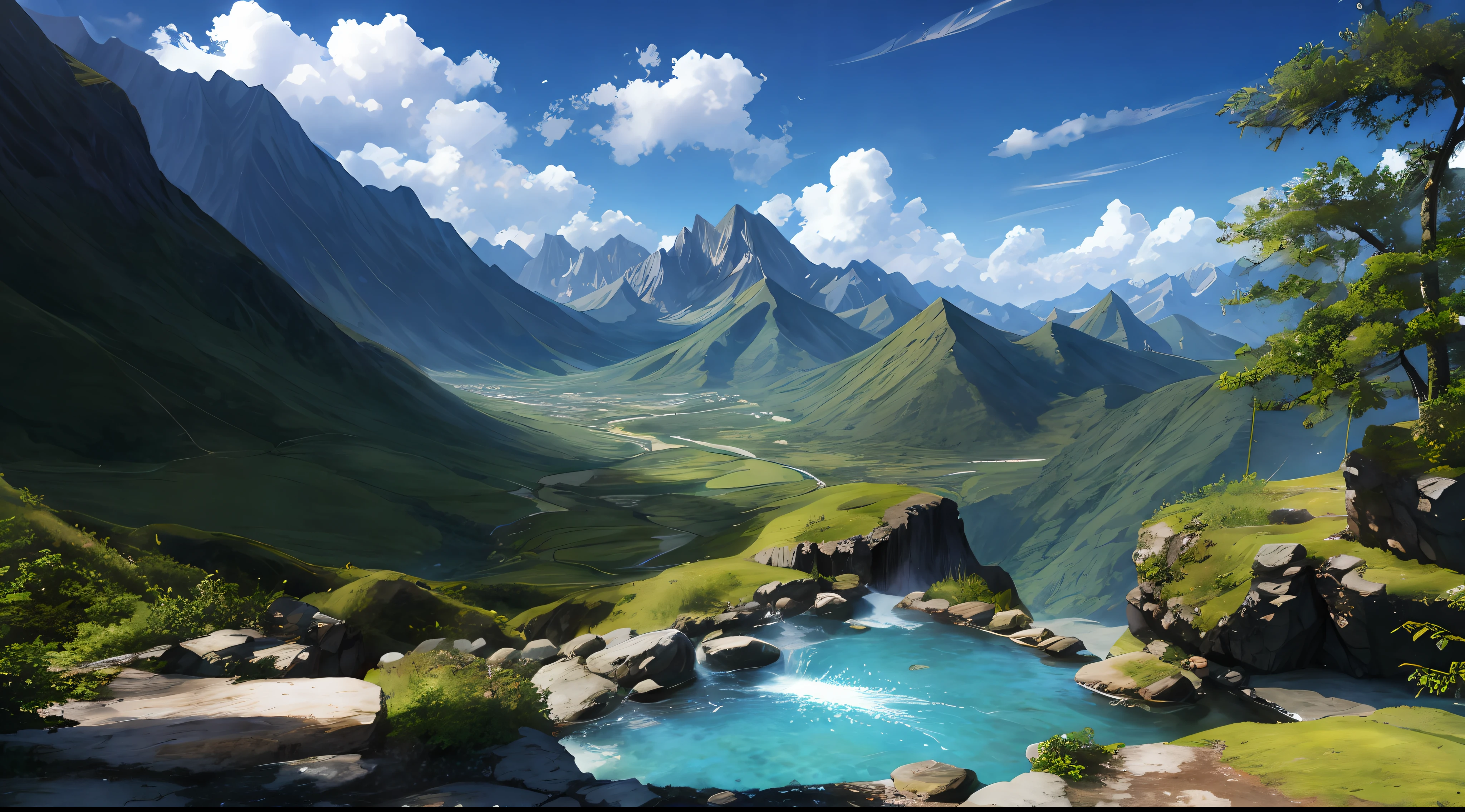 ConceptArt, no humans, scenery, day, tree, cloud, outdoors, nature, blue sky, mountain stream, bamboo forest