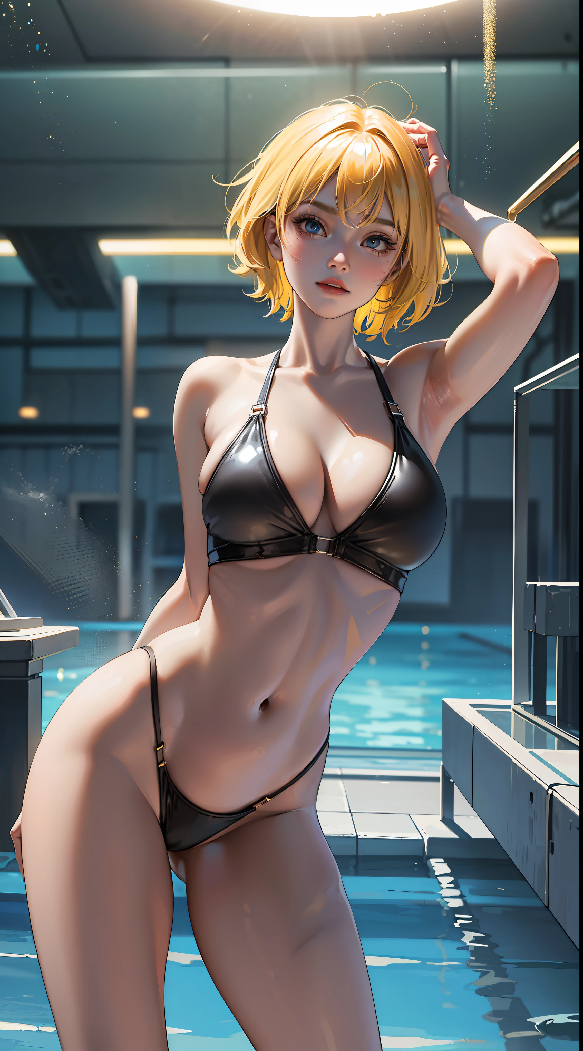 (Yellow Hair 1.5)(Ultra Short Hair 1.5), (cleavage), (Larger Boobs), (Tight Swimsuit), (Swimming Pool), (Shut Up), (Small and Flexible), (Black Swimsuit), (Best Quality), Ultra Detailed, Ultra Realistic, Octane Renderer, High Dynamic Range, (HDR), 32K Resolution, Super Resolution, Megapixels, Glare Lighting, Mirror Hologram, Ray Tracing, Semi-Reflective Lighting, Natural Lighting, Incandescent Lighting, Fiber Optics, Emotional Lighting, Film and TV Lighting, Studio Lighting, Soft Lighting, Volumetric Light, Backlight, Beautiful Lighting, Accent Lighting, Global Illumination, Screen Space Global Illumination, Ray Traced Global Illumination, Optical, Scattering, Glowing, Shadows, Roughness, Flickering,