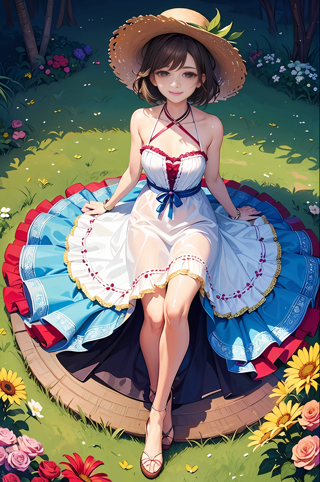 (masterpiece, top quality, best quality, official art, beautiful and aesthetic:1.2), flower garden, glitter, full body, colorful, slender, one girl, dress , straw hat, big smile, gentle pose, short cut, brown hair, brown eyes, small breasts, top quality face, high nose