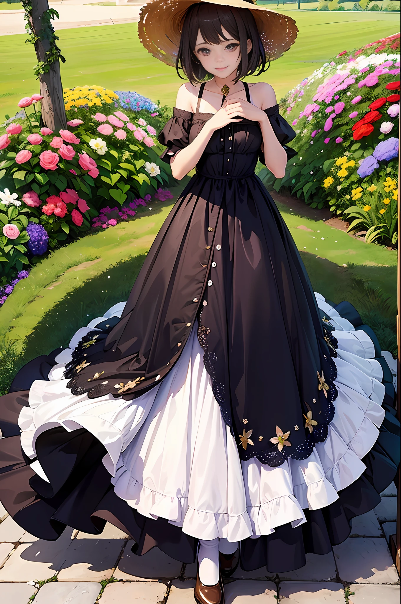 (masterpiece, top quality, best quality, official art, beautiful and aesthetic:1.2), flower garden, glitter, full body, colorful, slender, one girl, dress , straw hat, big smile, gentle pose, short cut, brown hair, brown eyes, small breasts, top quality face, high nose