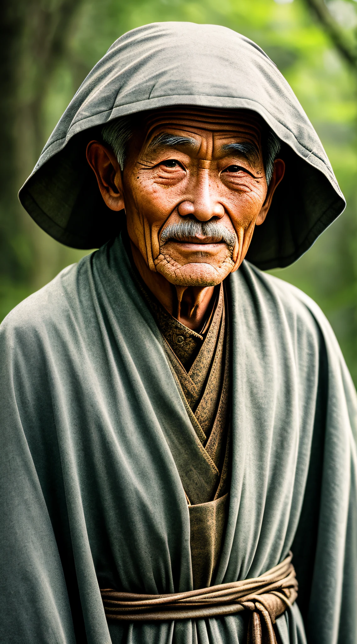 Portrait photography style, world masterpiece, super unique high professional digital art, film format, hyper-realism, color film photography with ultra-fine details and quality, background is deep in the forest, an old man in rural China, an old man with wisdom. He wears an old cloak and his eyes are kind and shrewd. His skin has been blackened and powerful by the sun and rain, and the wrinkles are fixed on the corners of his mouth and forehead, making it seem that his years have precipitated. Although wearing a dark gown, although simple in appearance, it exudes sublime wisdom and a sense of tenacity of strength.