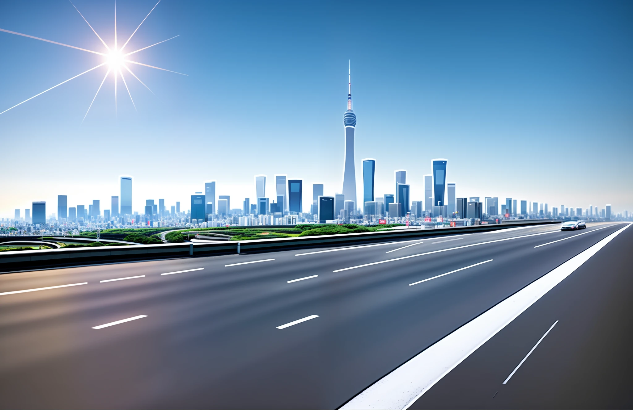 City skyline with Alafd view of highway and car, Tokyo, super wide view of cityscape, city background, city in background, city in background, modern cityscape, city street, futuristic street, cityscape, futuristic city street, futuristic city street, futuristic city city, vibrant and vibrant, city in background