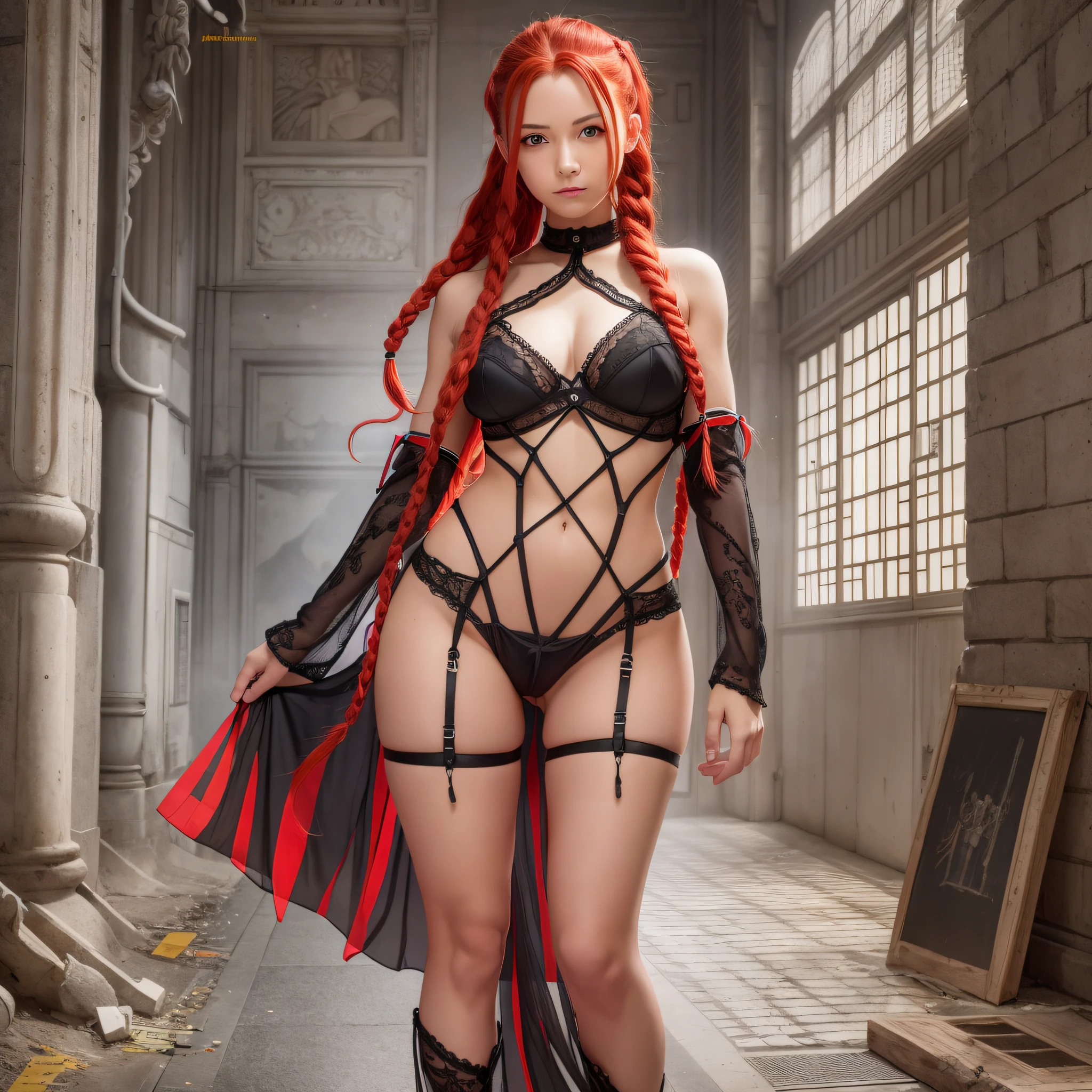Adolescent, best quality, ultra detailed, redhead, yellow eyes, makima, electric saw man, anime, black tie, hair with braids, red lingerie, full body vision.