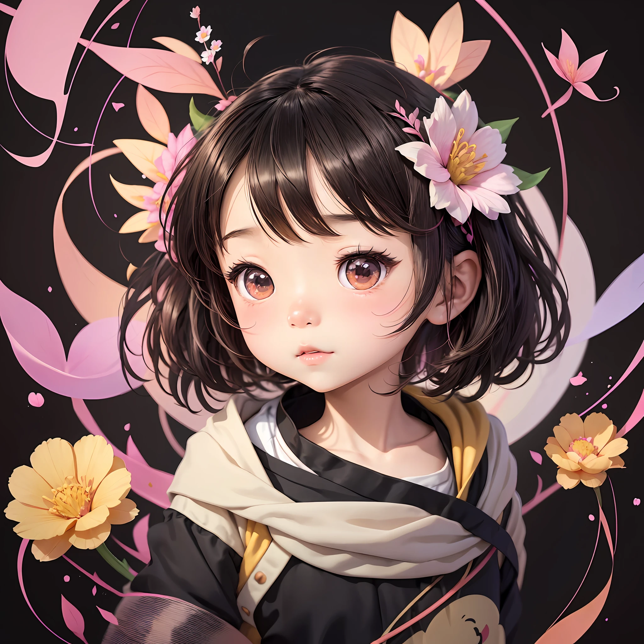 Chibi an Asian with a flower in her hair, pixar splash art, ((white skin)), artist used beautiful bright brown eyes, asian chilbile game feature, her skin is light, with soft pink colors, ((( black background)))), rendered in v-ray, lizzo, disney style, chibi proportions, by Ben Enwonwu, behance art --auto --s2