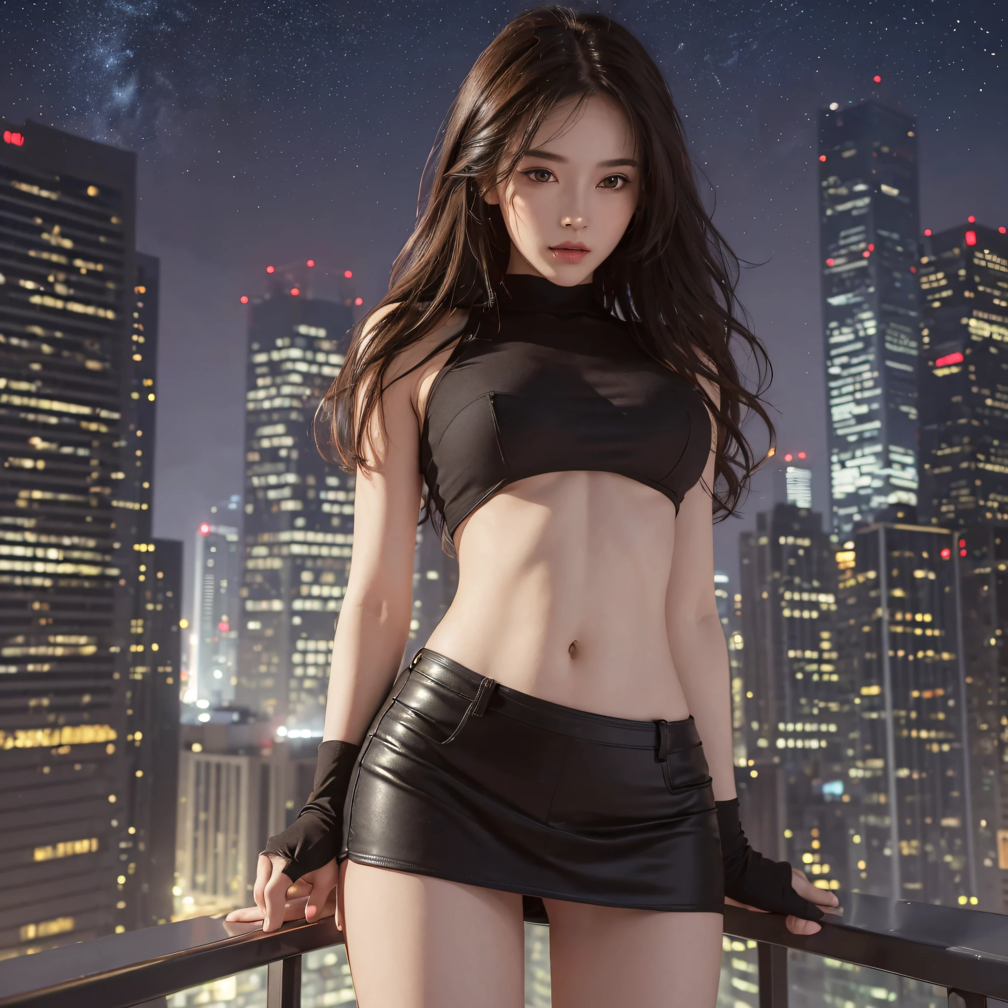 ((Midnight, Need for Good, 4K, Masterpiece: 1.3)), Full body, Long legs, Focal length: 1.2, Close-up of black bra Perfect Body Beauty: 1.4, Slim Abs: 1.1, ((Dark Brown Hair, Big Breasts: 1.2 )), (White Skinny T-shirt, Miniskirt, Standing: 1.2), ((City Night View, Roof: 1.3)), Highly detailed face and skin texture, Detailed eyes, Double eyelids --auto --s2