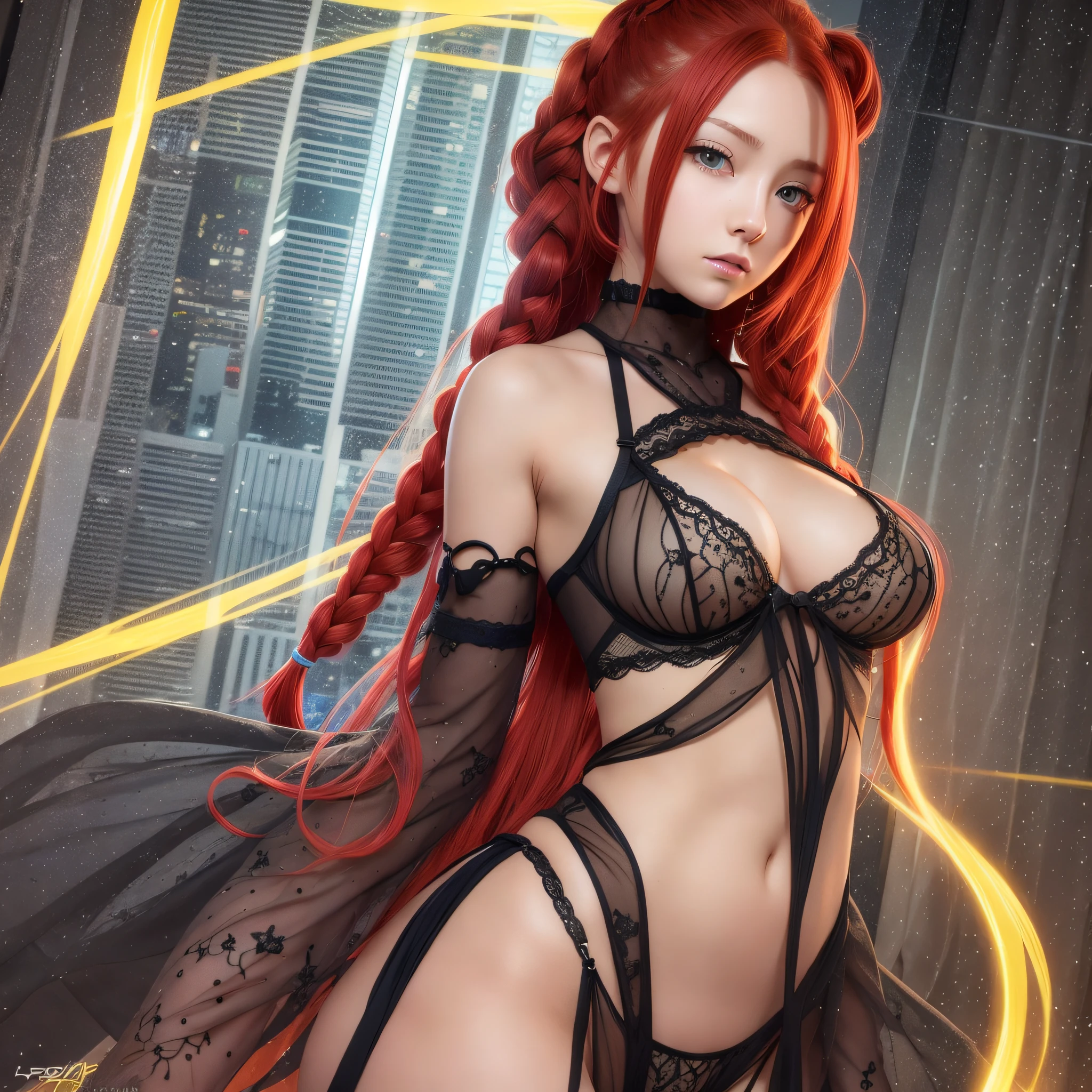 Adolescent, best quality, ultra detailed, redhead, yellow eyes, makima, electric saw man, anime, black tie, hair with braids, red lingerie, full body vision.