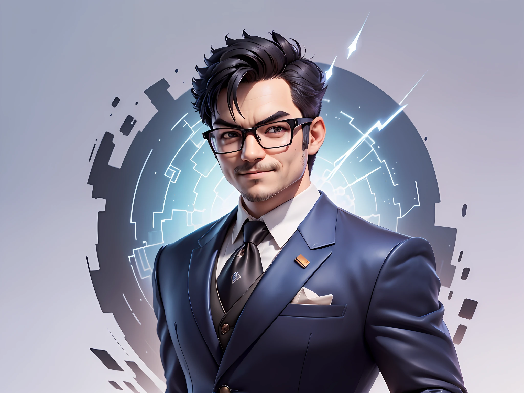 (((Masterpiece), (Excellent), (Super Meticulous), (Full Body: 1.2), Super Young Man, Oriental Face, Japanese Wind and Thunder God, Dragon, Tiger, TV Anchor, Bust Portrait Illustration, Alone, Black Formal Suit, Blue Tie, Slightly Chubby Face, Silver Glasses Face Very Clean No Beard, Black Super Short Hair, Black Eyes, Confident Smile, 3c Computer Sub-Products, iPad, iPhone, Digital Painting, 3D Character Design by Akira Toriyama and Mark Claireden and Pixar and Hayao Miyazaki, The illustration is a high-definition illustration in 4K resolution with very detailed facial features and cartoon-style visuals.