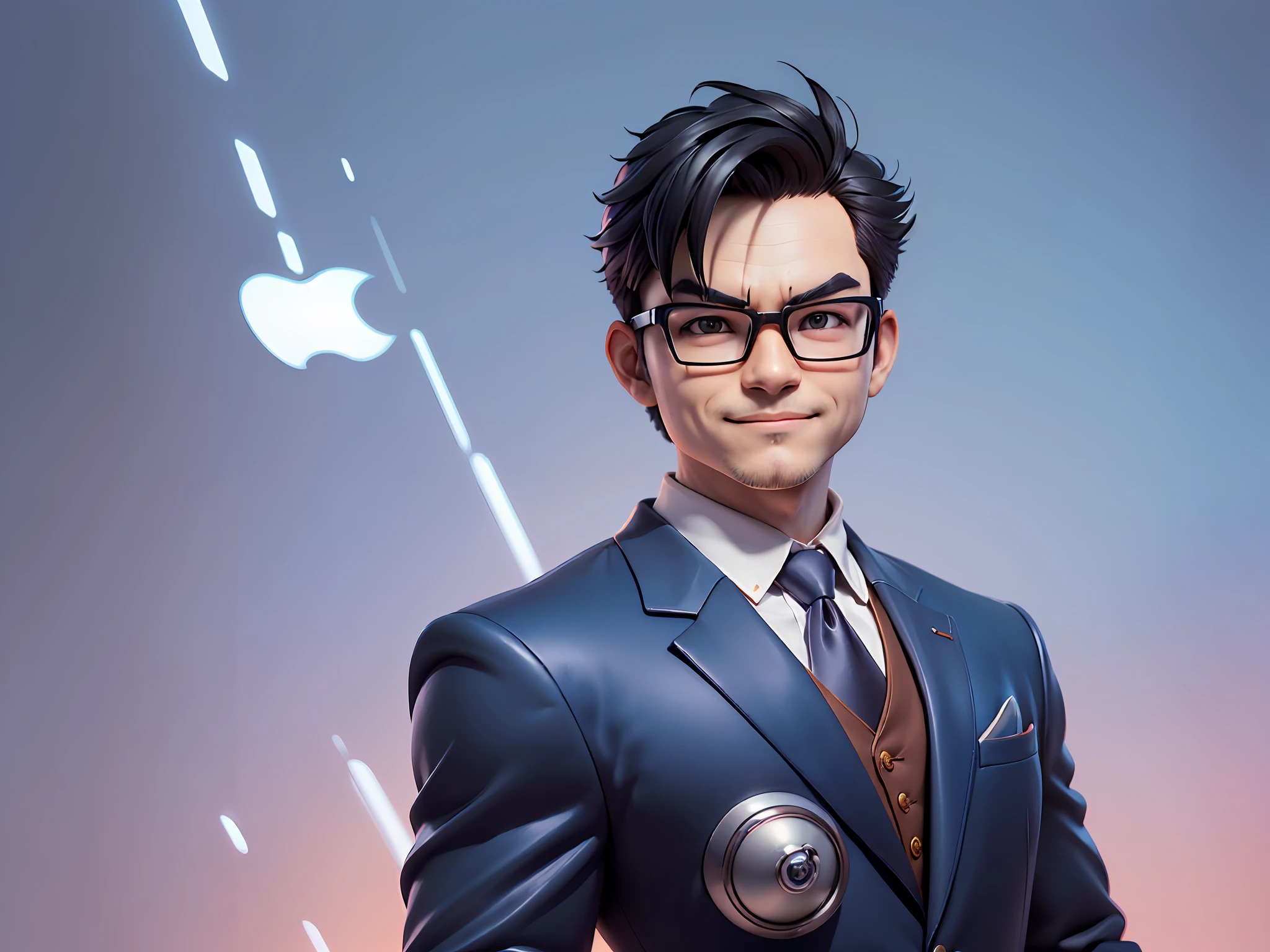 (((Masterpiece), (Excellent), (Super Meticulous), (Full Body: 1.2), Super Young Man, Oriental Face, Japanese Wind and Thunder God, Dragon, Tiger, TV Anchor, Bust Portrait Illustration, Alone, Black Formal Suit, Blue Tie, Slightly Chubby Face, Silver Glasses Face Very Clean No Beard, Black Super Short Hair, Black Eyes, Confident Smile, 3c Computer Sub-Products, iPad, iPhone, Digital Painting, 3D Character Design by Akira Toriyama and Mark Claireden and Pixar and Hayao Miyazaki, The illustration is a high-definition illustration in 4K resolution with very detailed facial features and cartoon-style visuals.