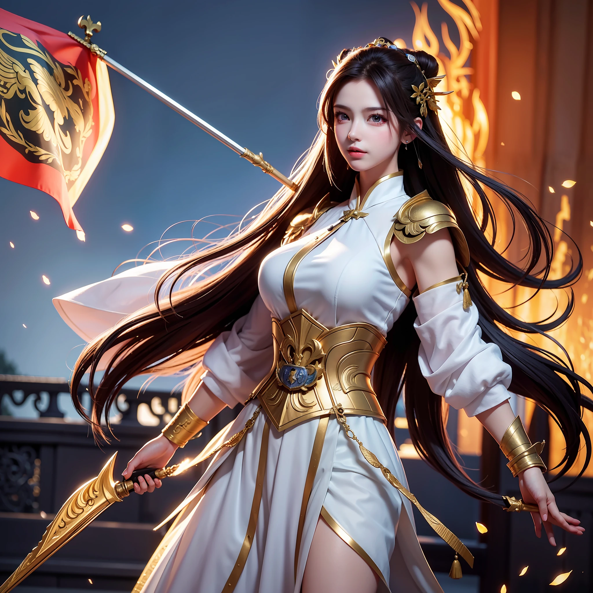 Master works, super high quality, ultra-high-definition picture quality, slim body, goddess, Valkyrie, battle angel, goddess of war, female warrior, female soldier, mighty, domineering, ordering, attack with a spear, Mulan, force, cold! Martial arts, fantasy, rivers and lakes, soldiers, war horses, castles, siege, fire, army, burning, background is flag, sky is flying flames, shout, fairy, female general, masterpiece, action, holding a sword, fighting, fighting, heroic, ruthless, Chinese style, armor, classical, bloodstained, light makeup, pink lips, black hair, messy long hair, battle background, graceful, elegant. Ultra-fine details, master works, real texture, movie lighting realism, perfect work, 8k, HD, exquisite facial features, JK clothing, slim figure, bright big eyes, tight mouth smile, upper body, (big) looking away, smooth shoulders
