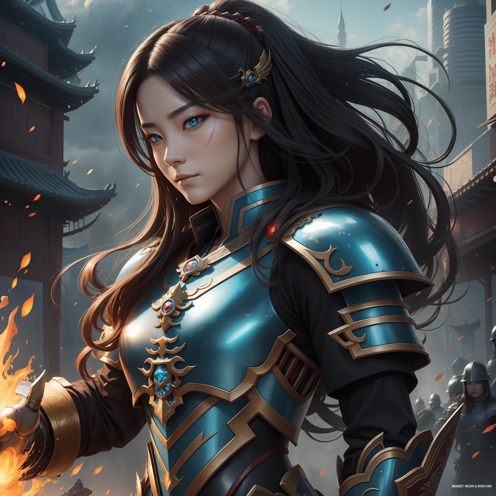 Tang Dynasty, Battlefield, Bright Light Armor, Shangzhu Kingdom, Dragon General, Masterpiece, Peak Rendering, Realistic Rendering, Dark Red Rendering, Metallic Rendering, Color Ink Painting, Splash Ink, Splash Ink, Color, Gorgeous Rendering, Best Quality, Illustration, Flame, Smoke, Armageddon, Splash Ink, Apocalypse, 1 girl,delicate facial details, real face, beautiful details eyes, deep pupils, broken city details, beautiful details of long hair, wavy hair, street damage details, blue silver mecha, transparent mechanical core, cyborg girl, skin detail, cool sp tang dynasty, battlefield, bright light armor, upper pillar country, dragon general, masterpiece, peak rendering, realistic rendering, crimson rendering, metal rendering, color ink painting, splash ink, splash ink, colorful, colorful, gorgeous rendering,