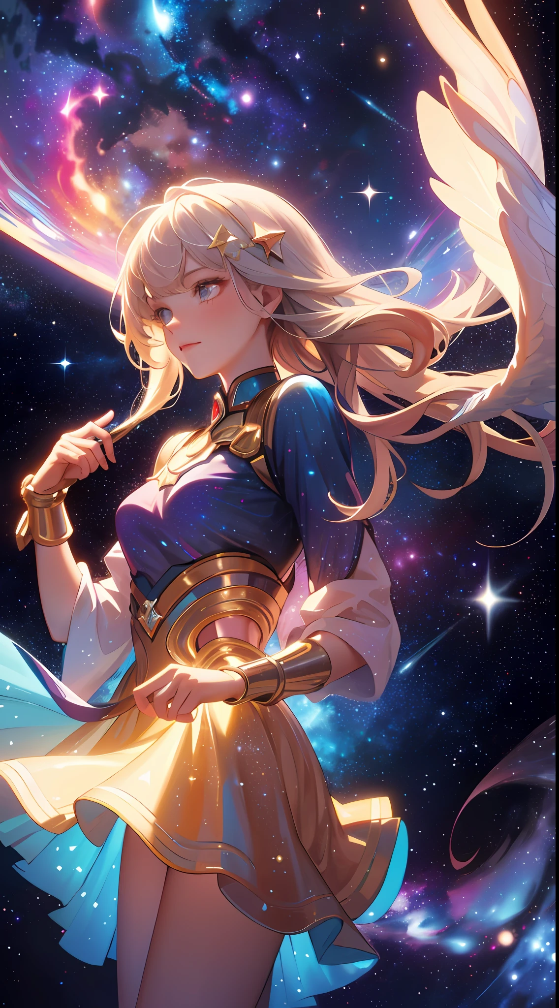 High detail, super detail, super high resolution, girl enjoying her time in the dreamy galaxy, surrounded by stars, warm light sprinkled on her, background with starry sky with colorful galaxies and galactic clouds, stars flying around her, adding a playful atmosphere ,