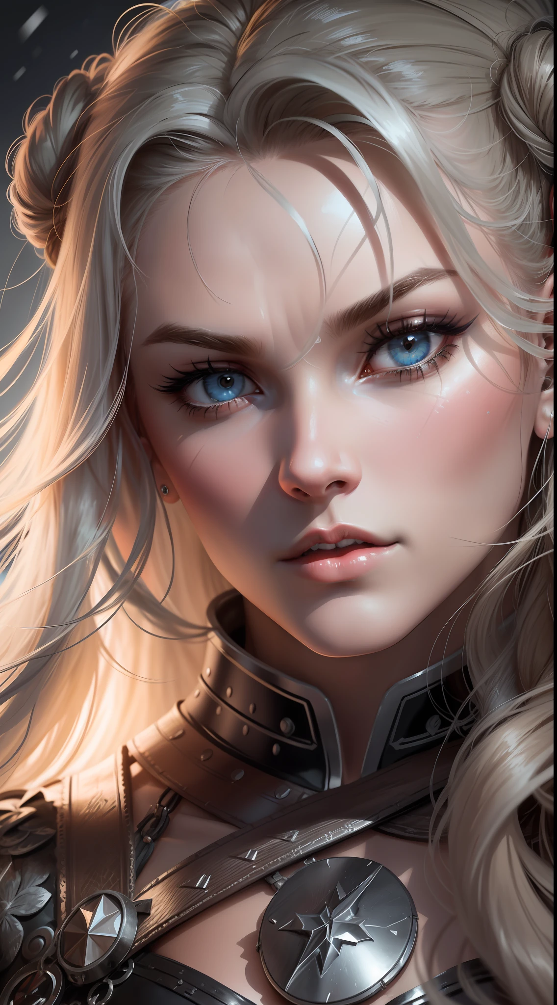 RAW, style, a beautiful Viking woman with striking features. She should have long flowing hair, a captivating gaze and an angry expression. perfect super strong muscular body, The background should be a snowy mountain, allowing the woman to be the focal point of the image. Pay close attention to details, such as highlights and shadows on her face and hair, to create a realistic and lifelike image. Experiment with different lighting techniques to enhance the mood and atmosphere of the portrait. The final product should be a masterpiece that captures the essence and beauty of the woman, ((highly detailed skin, skin details)), sharp focus, volumetric haze, 8k UHD, DSLR, high quality, film grain, Fujifilm XT3