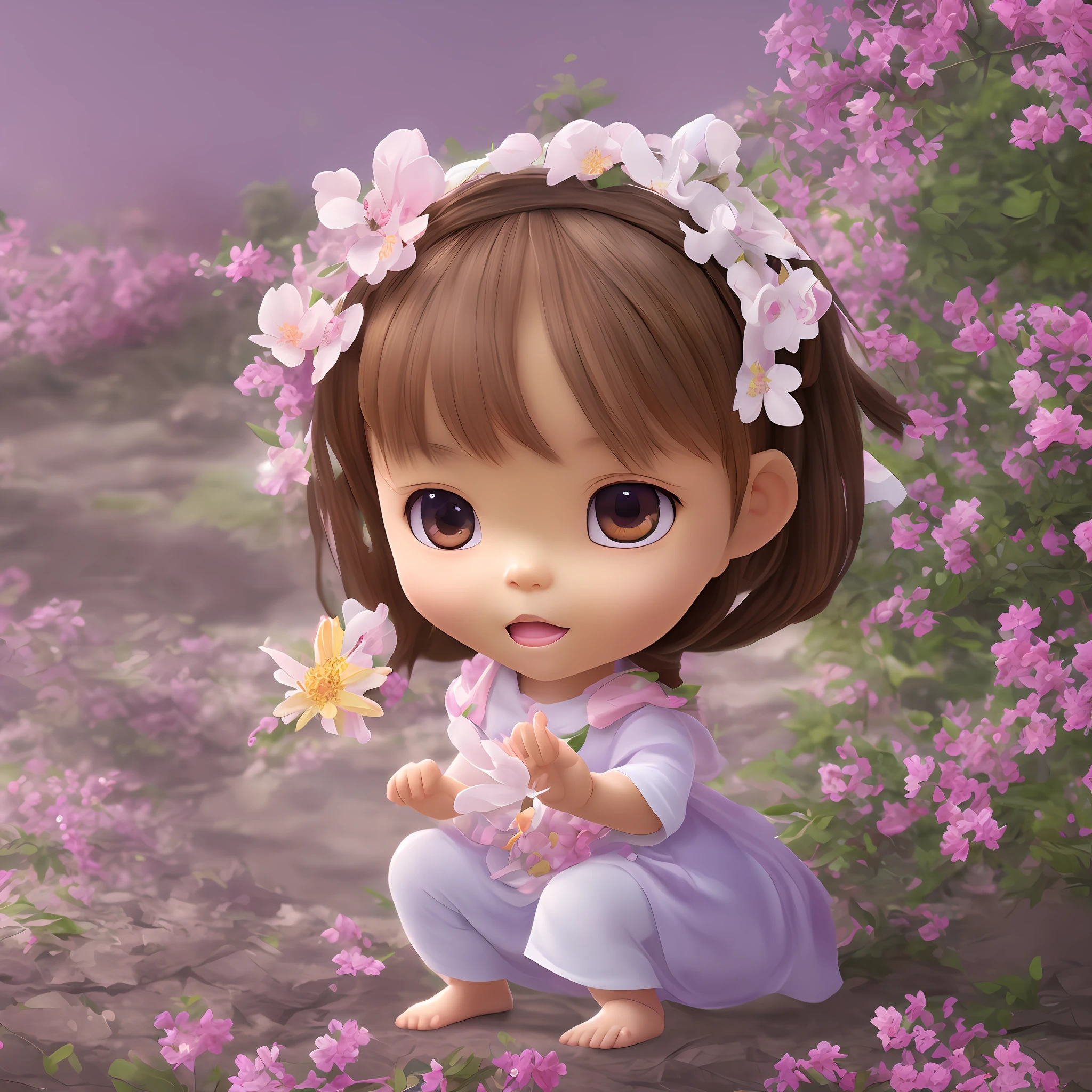 Chibi an asian  with a flower in her hair, pixar splash art, ((white skin)), artist used beautiful bright brown eyes, asian chilbile game feature, her skin is light, with soft pink colors, rendered in v-ray, lizzo, disney style, chibi proportions, by Ben Enwonwu, behance art --auto --s2