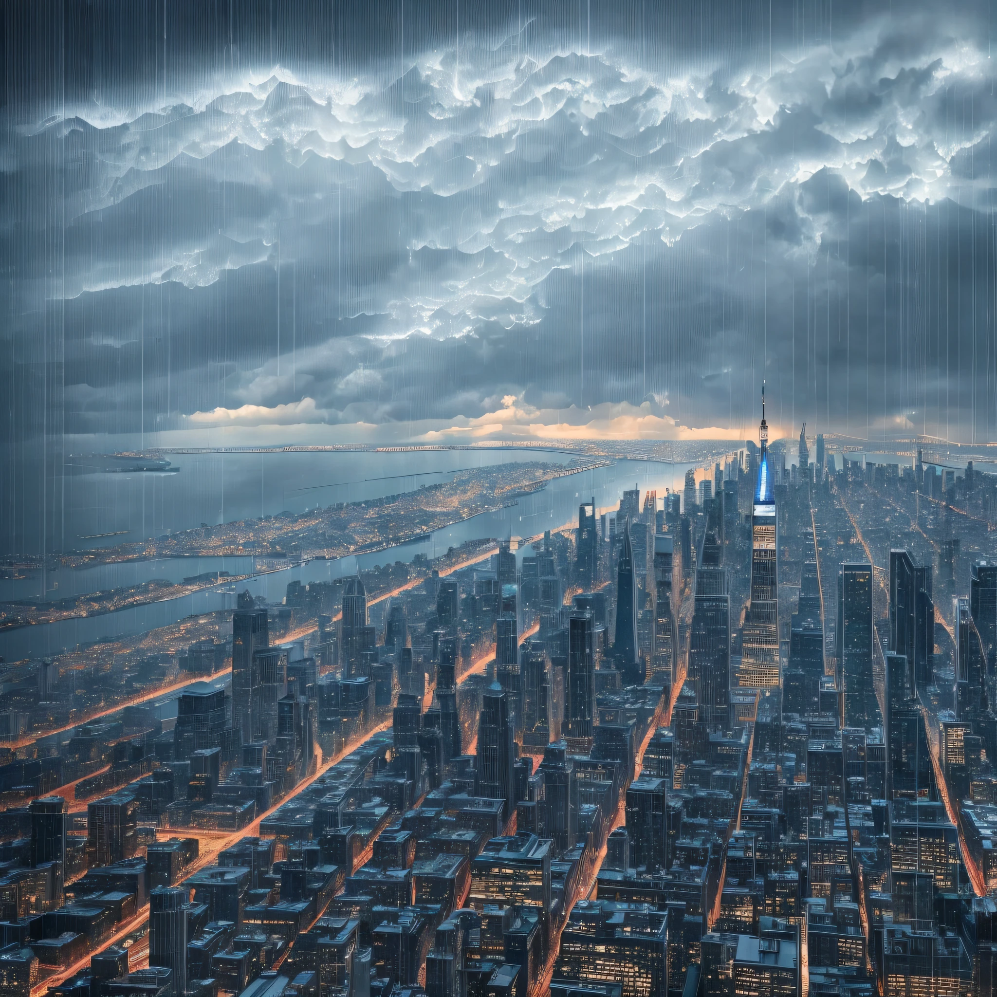 Optical visual perspective of a raindrop falling from a storm over New York City with a film look 8k ultra realism with high resolution cinema colors of details on the rain and city from above --auto --s2