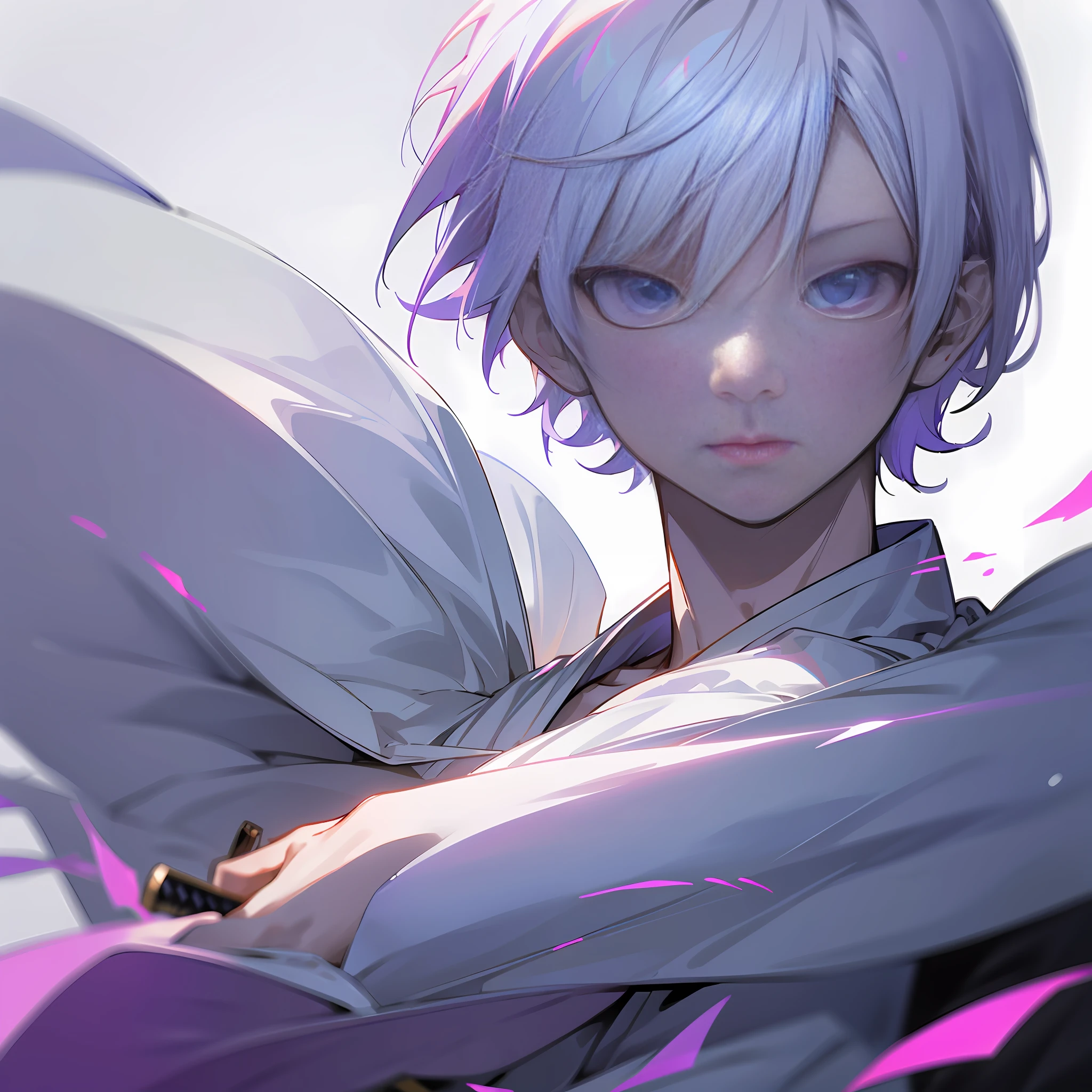 white skin, ultra beautiful face, sigurando a katana, small sword, ambient light, pessonage, anime, boy with short hair, silver white, purple eyes, beautiful eyes, shy, Maximum quality.