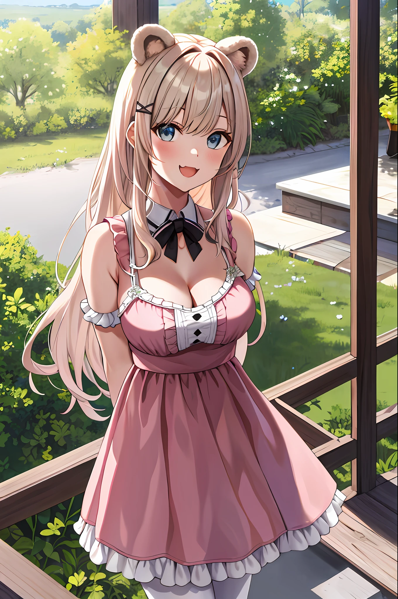 (leaning over:1.4), (masterpiece:1.2, best quality), (real picture, intricate details), 1girl, solo, absurdres, cowboy shot, standing, outdoors, :3, smile, bear girl, bear ears, ((light pink dress)), white thighhighs, platinum blonde hair, gray blue eyes, long hair, strawberry choker, smile, open mouth, one fang, large breasts, cleavage, sleeveless dress, arms behind back,