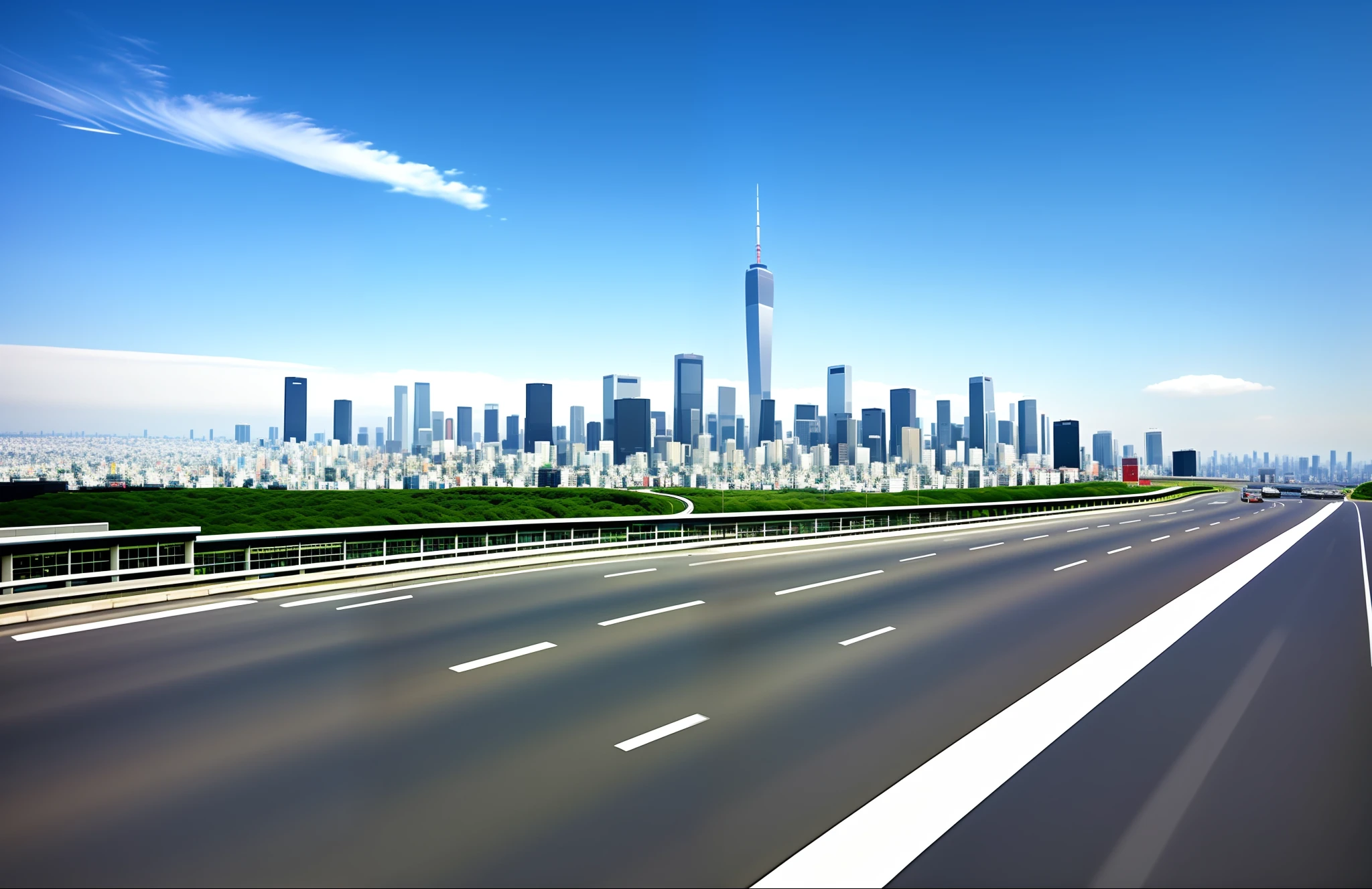 City skyline with Alafd view of highway and car, Tokyo, super wide view of cityscape, city background, city in background, city in background, modern cityscape, city street, futuristic street, cityscape, futuristic city street, futuristic city street, futuristic city city, vibrant and vibrant, city in background