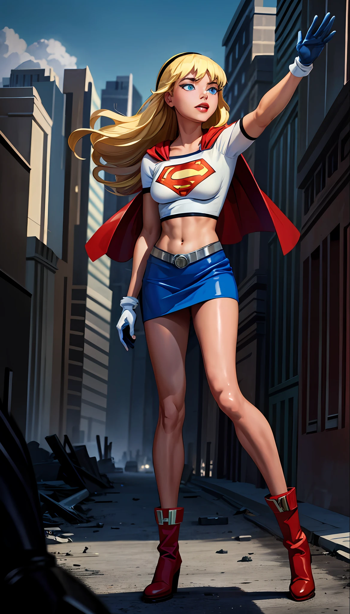 (cowboy shot), SFW, (masterpiece), (best quality: 1.0), (ultra highres: 1.0), detailed eyes,
BREAK
Supergirl, 1girl, long blonde hair, in the air, flying
hair band, \(white\) crop top, short sleeves, cape, blue pencil skirt, gloves, boots
BREAK
(clouds, city in ruins, seen after apocalyptic)