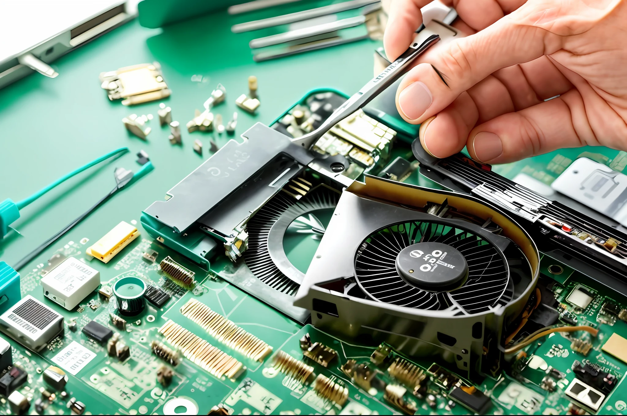 someone is removing a fan from a laptop computer on a table, disassemble the computer, broken computers and cables, computer components, chewing on a graphic card, motherboard circuitry, repairing the other one, electronic components, computer parts, maintenance, chewing on a video card, broken laptop screen, revealing wires and electronics, digitally enhanced
