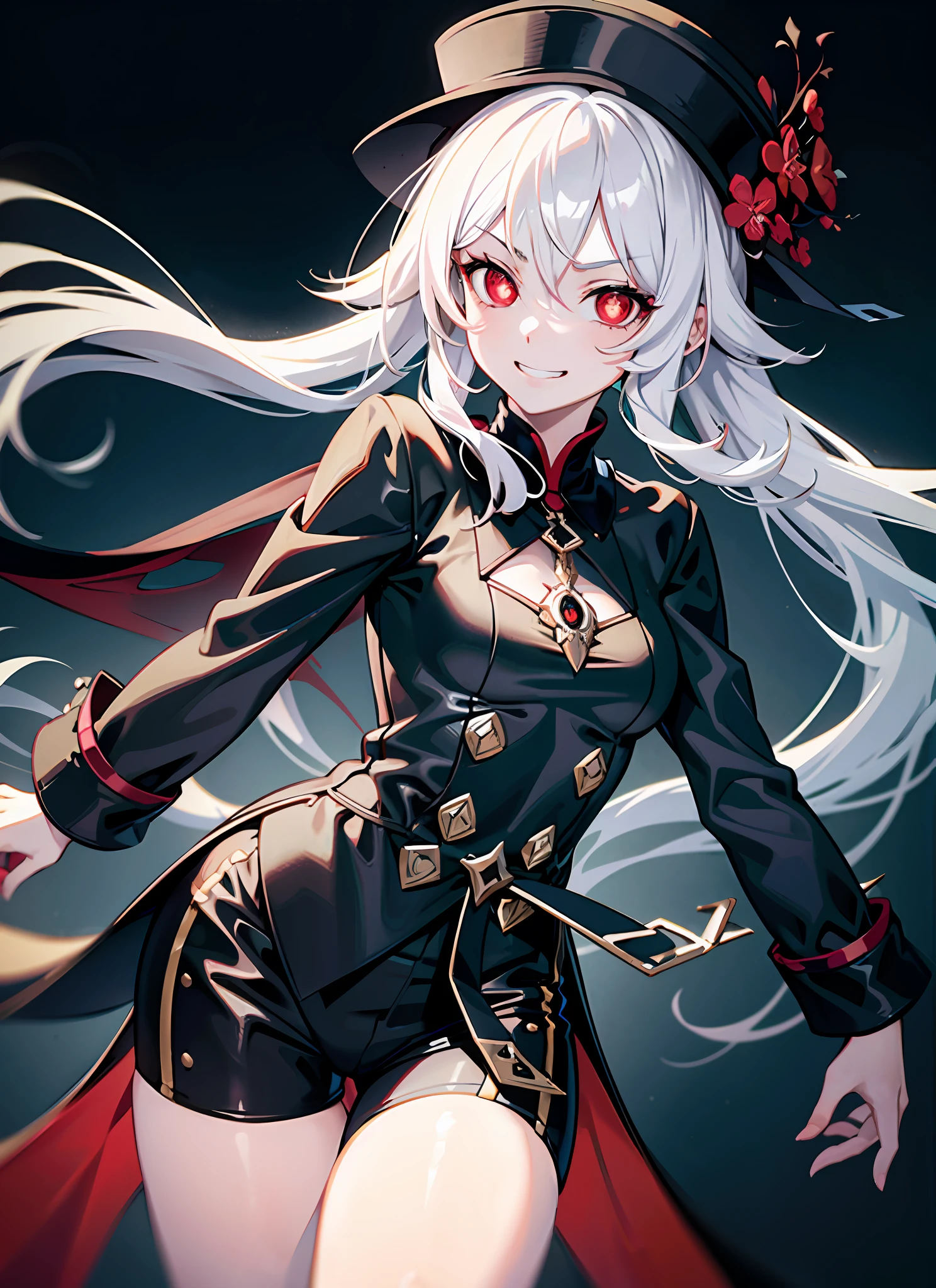 1girl, (solo:1.2), ((masterpiece)), [slim], (small breasts), pale skin, ((detailed eyes)), (background blur), white hair, hat, shorts, dark brown attire, evil, smirking mischievously, red eyes, evil grin, dark theme, evil theme