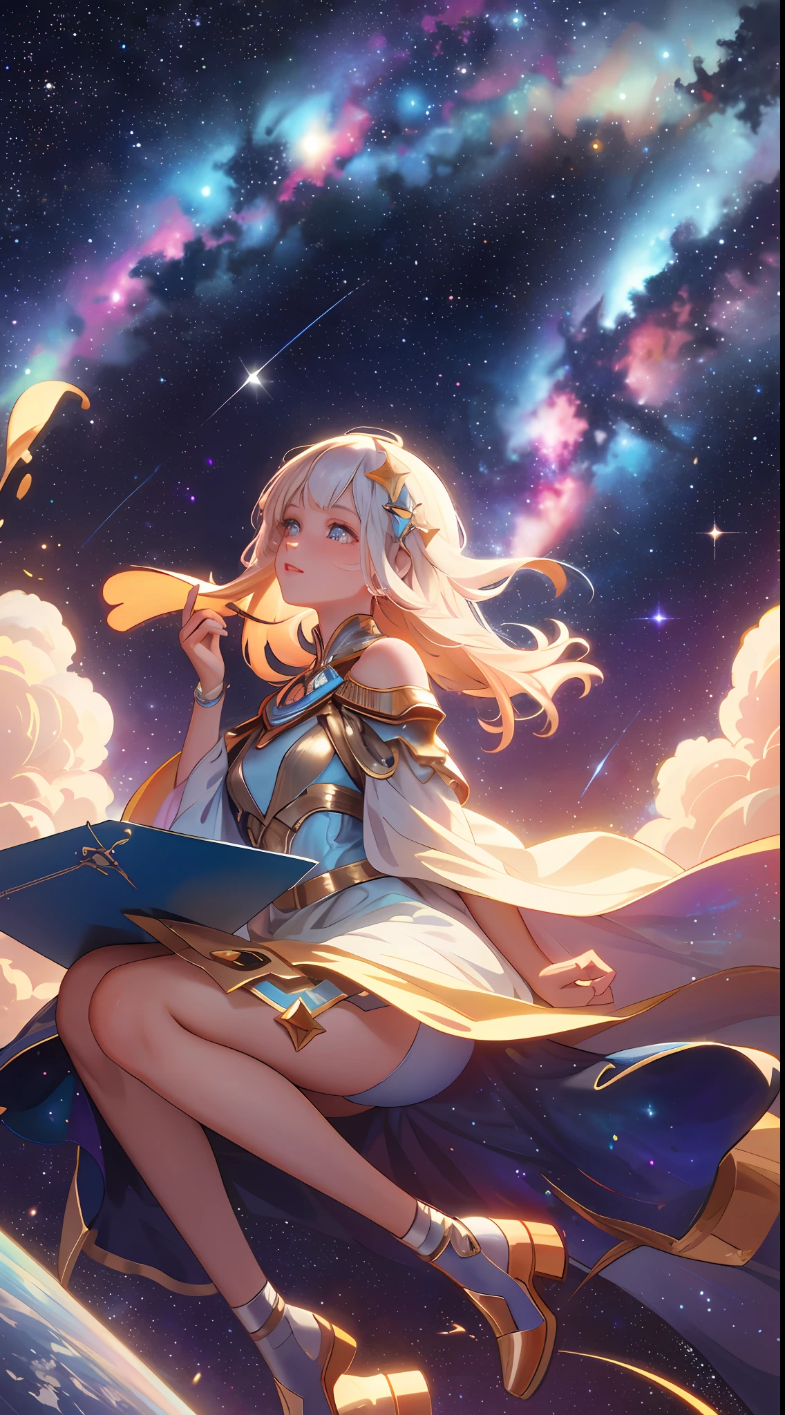 High detail, super detail, super high resolution, girl enjoying her time in the dreamy galaxy, surrounded by stars, warm light sprinkled on her, background with starry sky with colorful galaxies and galactic clouds, stars flying around her, adding a playful atmosphere ,