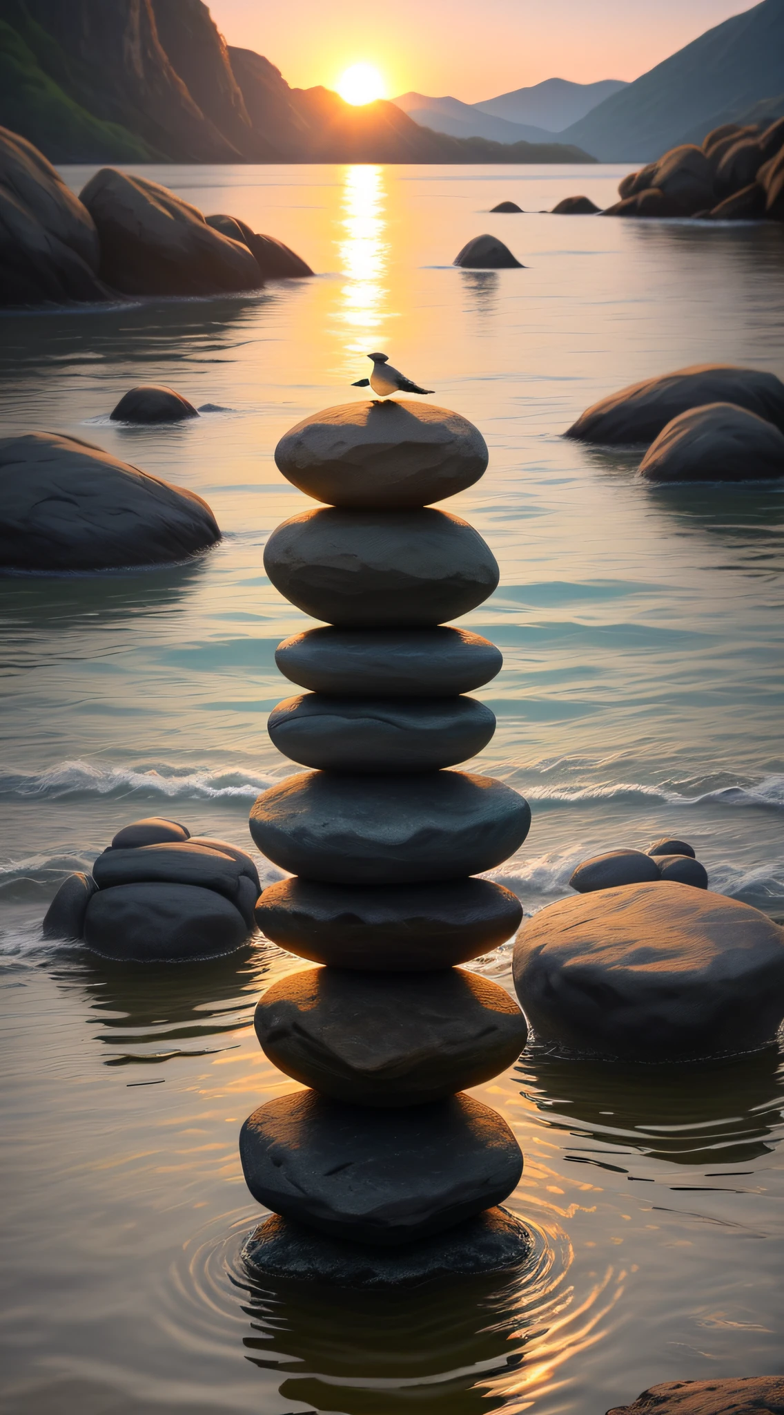 Create a sequence of 5 stones stacked one on top of the other on the edge of a river with a sunset in front with birds flying and small fish jumping out of the water, ultra realistic image, photo taken by super professional camera, 8K